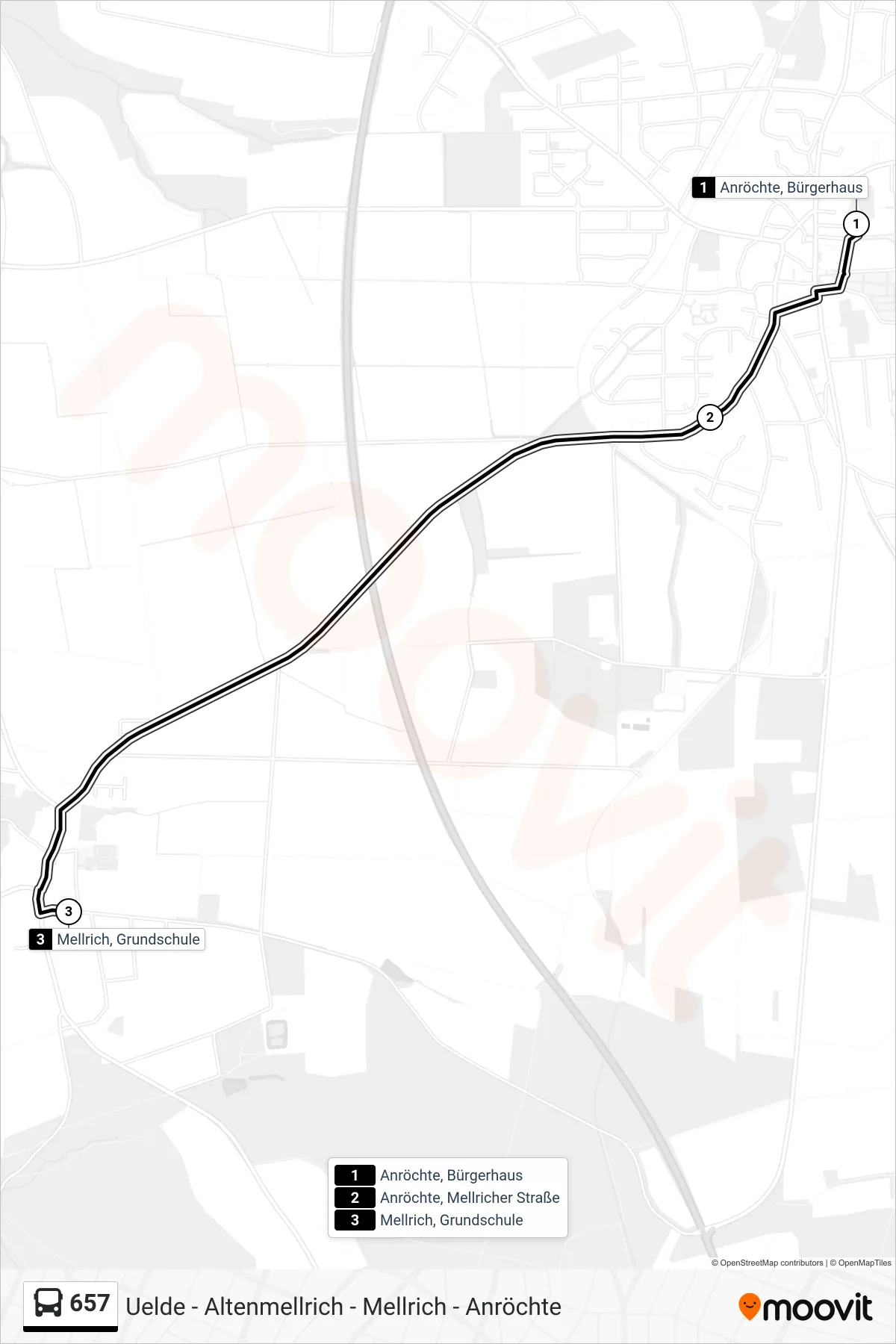 657 bus Line (Mellrich, Grundschule) route and stops on a map