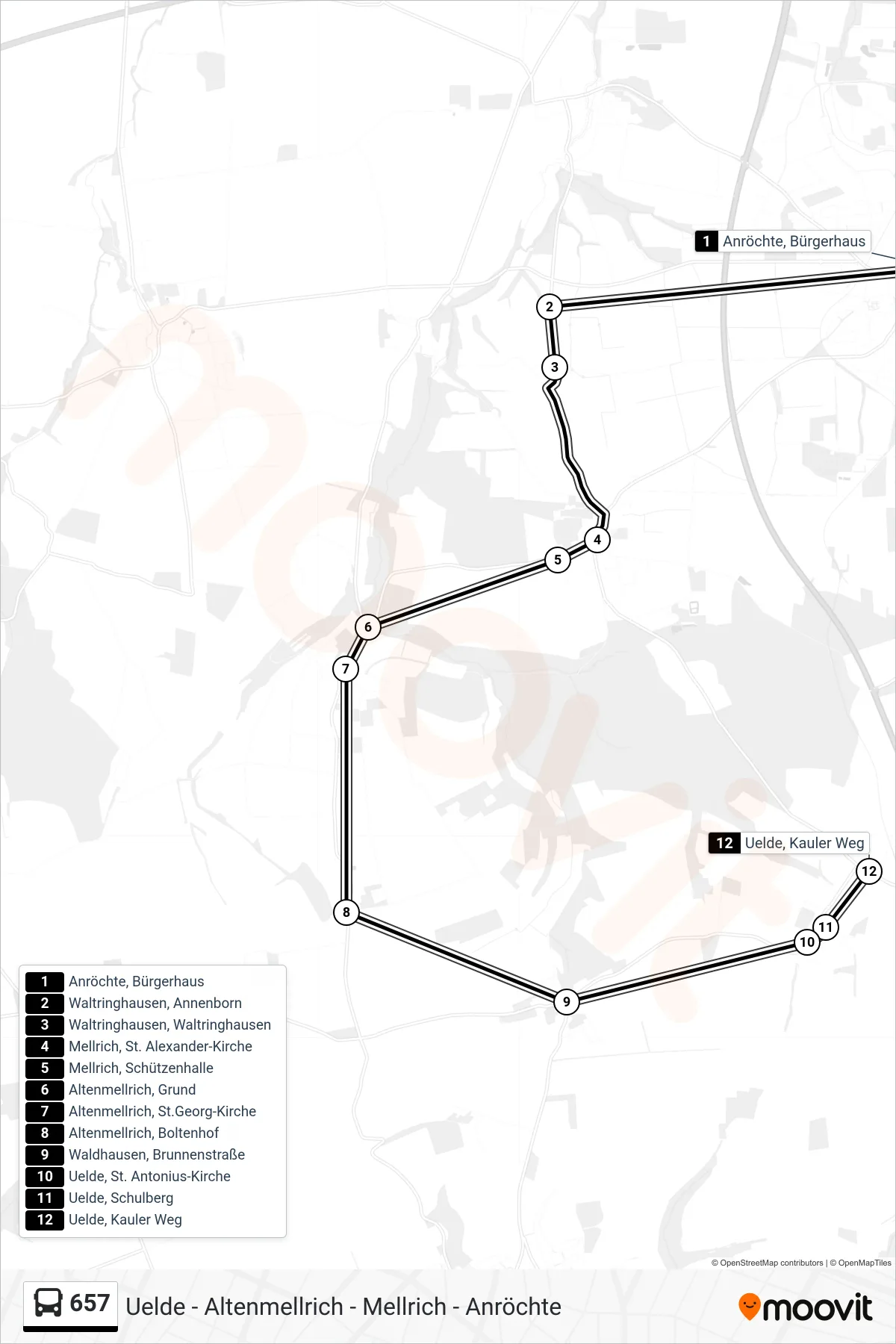657 bus Line (Uelde, Kauler Weg) route and stops on a map