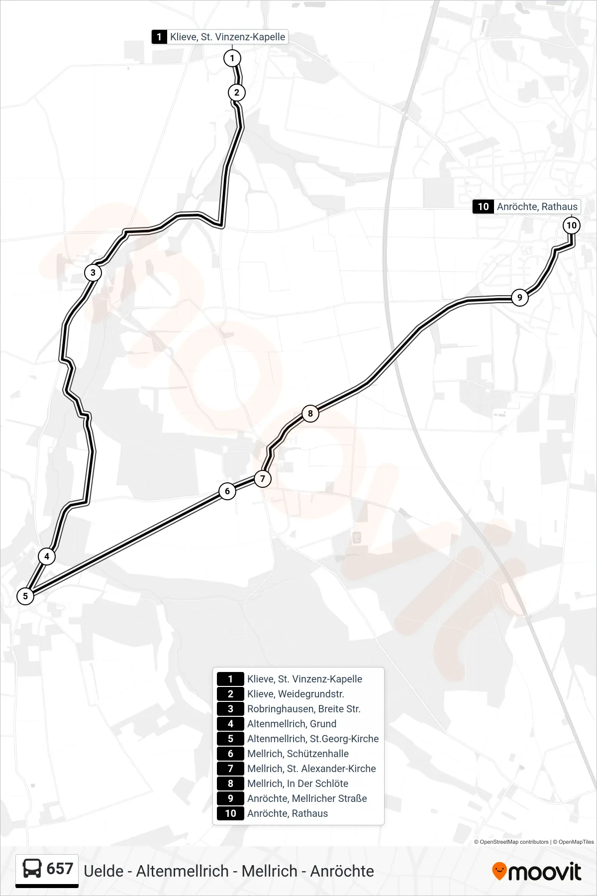 657 bus Line (Anröchte, Rathaus) route and stops on a map