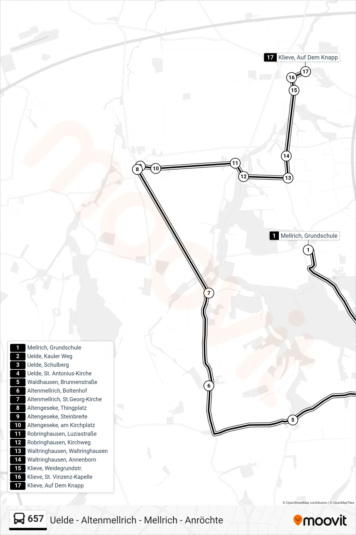 657 bus Line (Klieve, Auf Dem Knapp) route and stops on a map