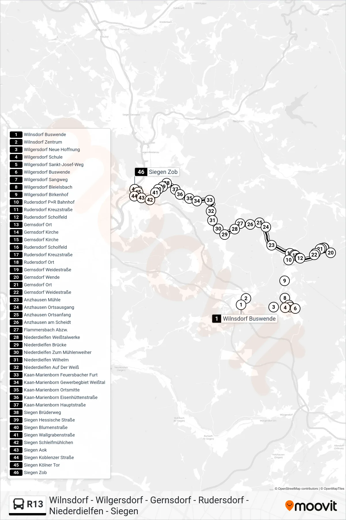 R13 bus Line (Siegen Zob Bstg A) route and stops on a map