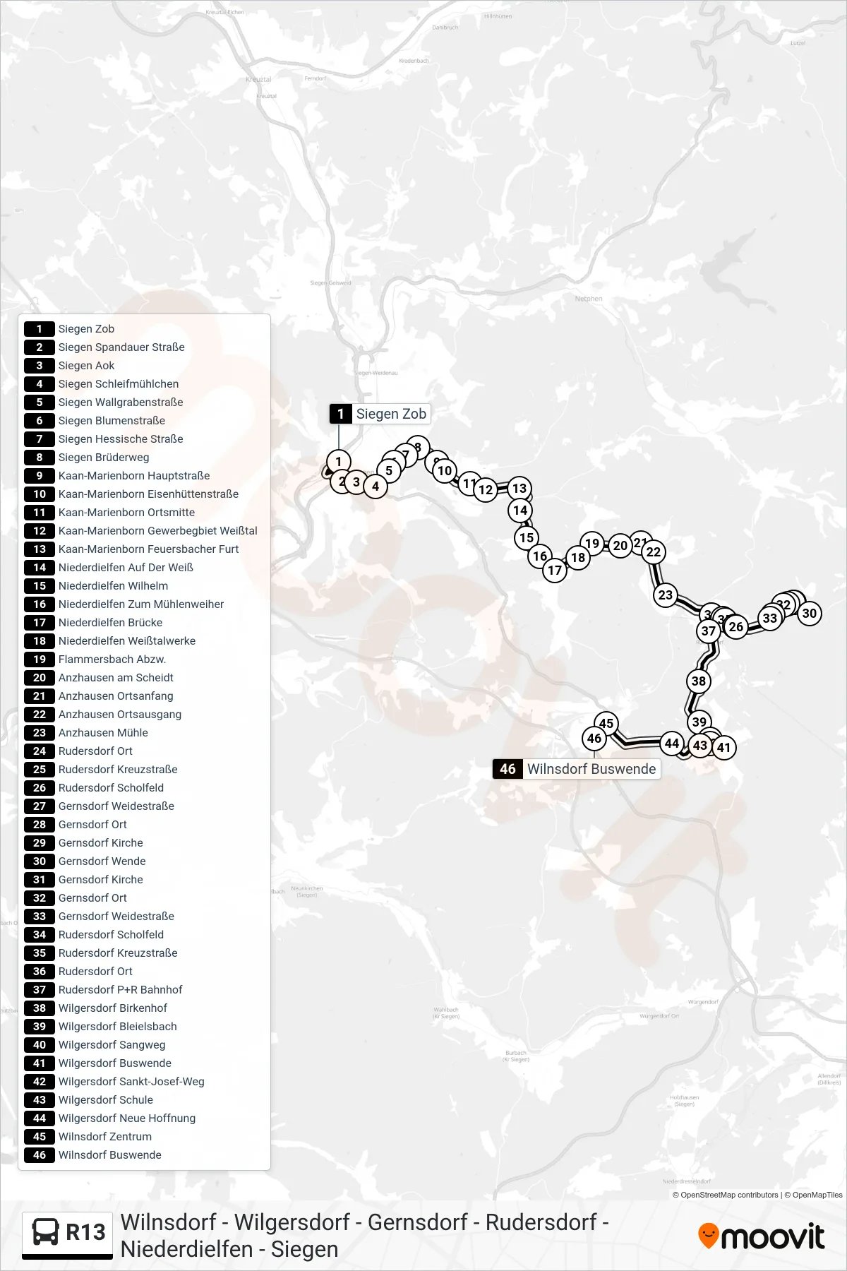 Linie R13 (Bus) Richtung Wilnsdorf Buswende: Route und Haltestellen auf der Karte