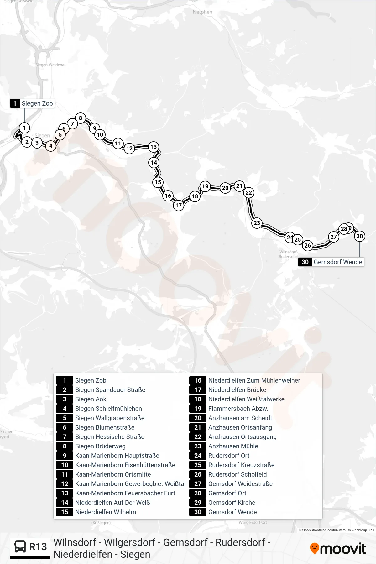 R13 bus Line (Gernsdorf Wende) route and stops on a map