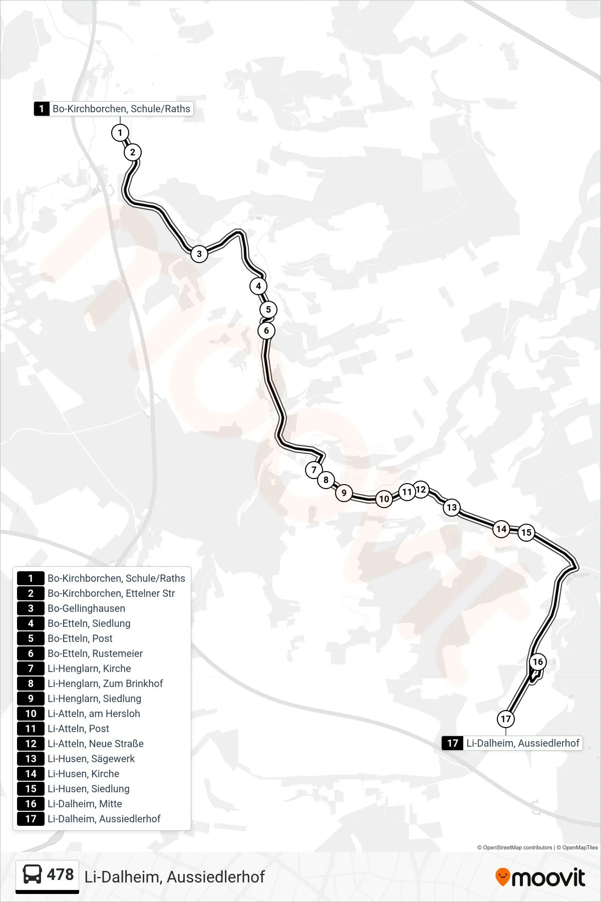 478 bus Line (Li-Dalheim, Aussiedlerhof) route and stops on a map