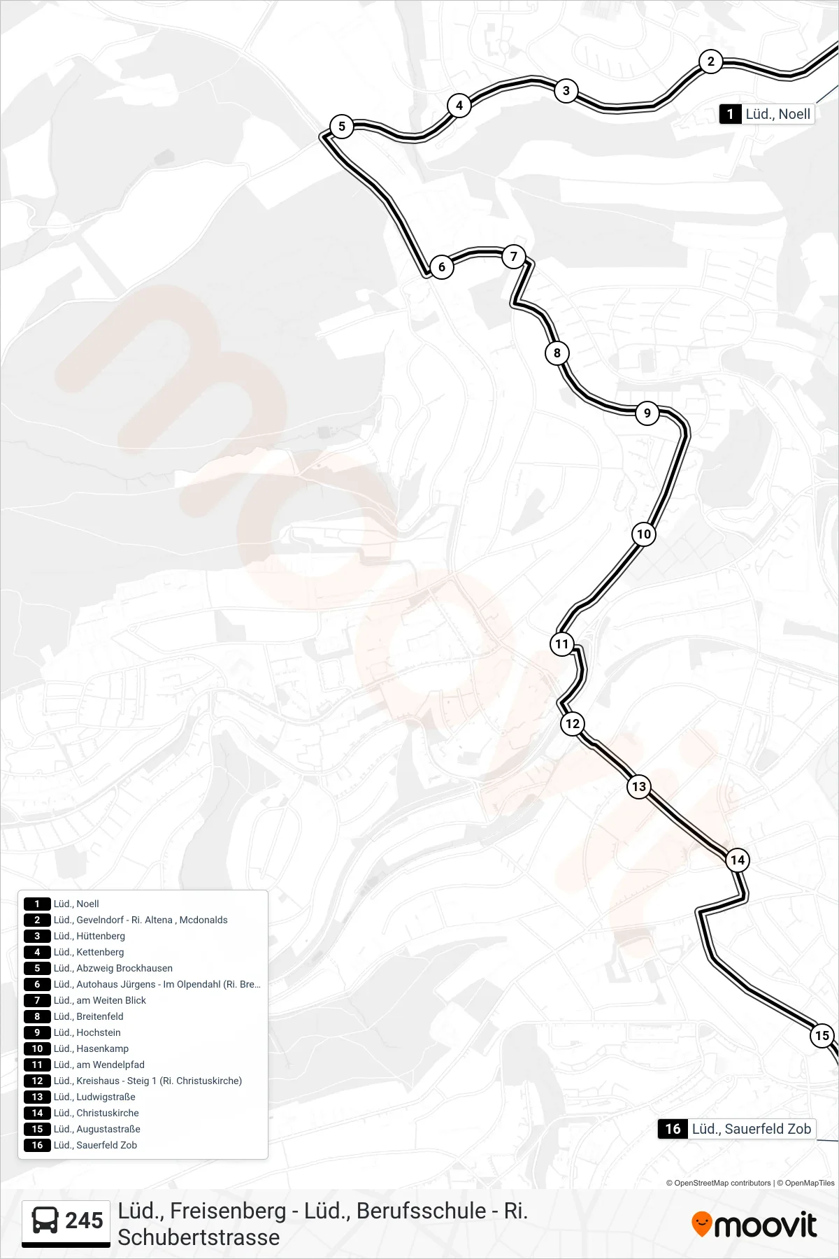 Linie 245 (Bus) Richtung Lüd., Sauerfeld Zob - Steig 2b: Route und Haltestellen auf der Karte