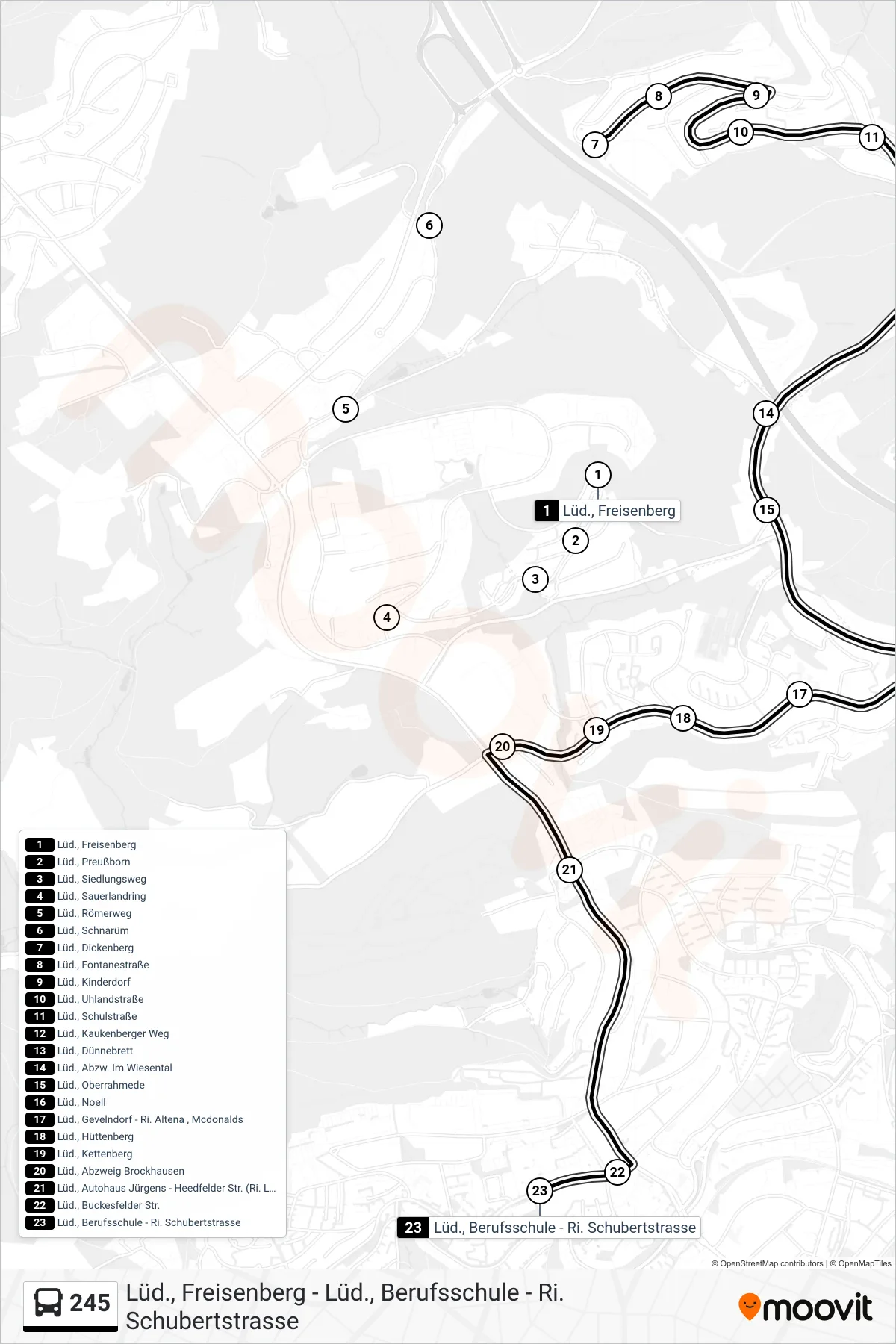 Linie 245 (Bus) Richtung Lüd., Berufsschule - Ri. Schubertstrasse: Route und Haltestellen auf der Karte