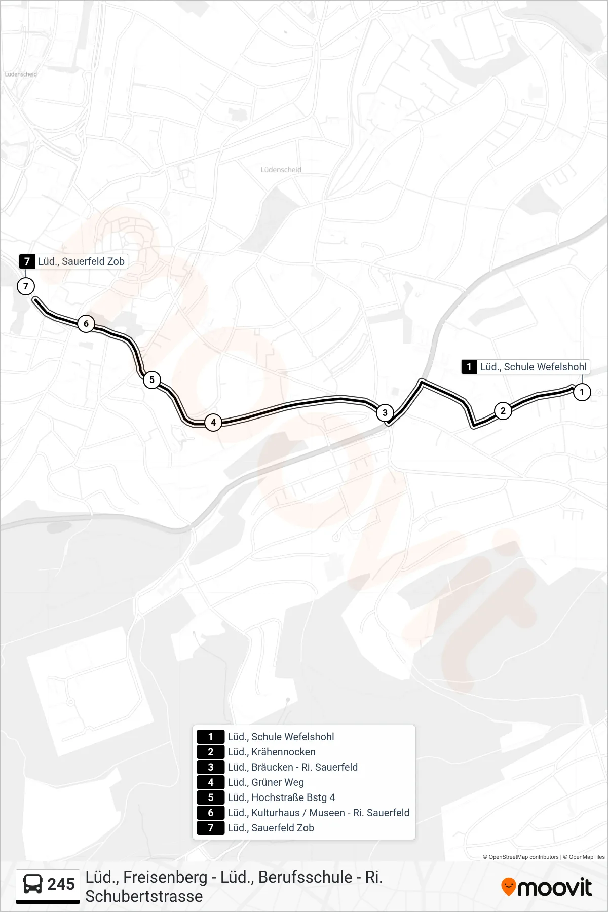 Linie 245 (Bus) Richtung Lüd., Sauerfeld Zob - Steig 1a: Route und Haltestellen auf der Karte