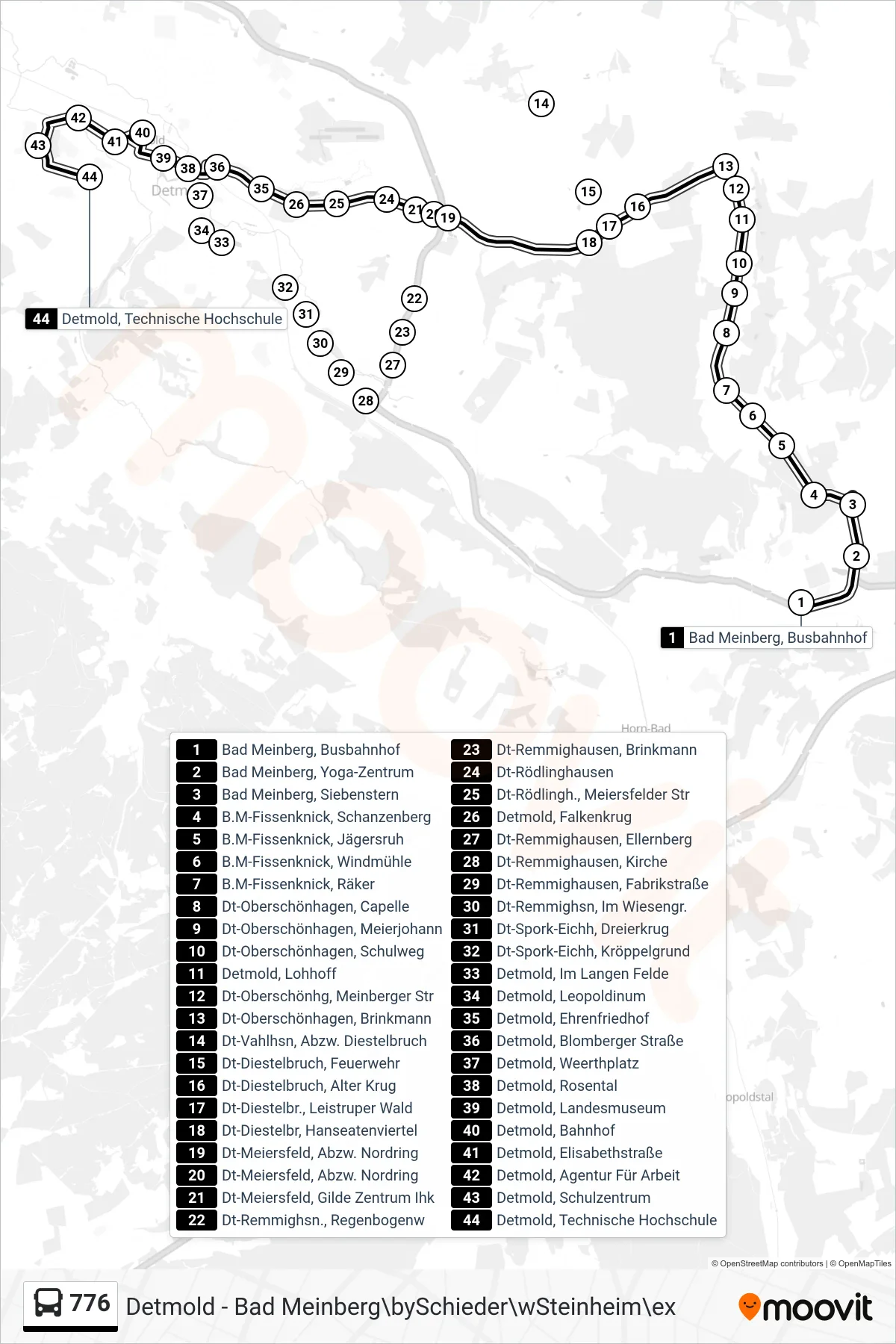 776 bus Line (Detmold) route and stops on a map
