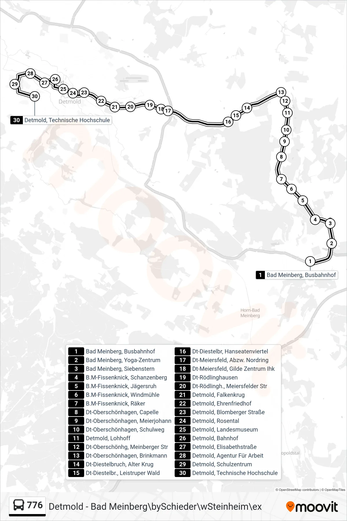 776 bus Line (Detmold, Technische Hochschule) route and stops on a map