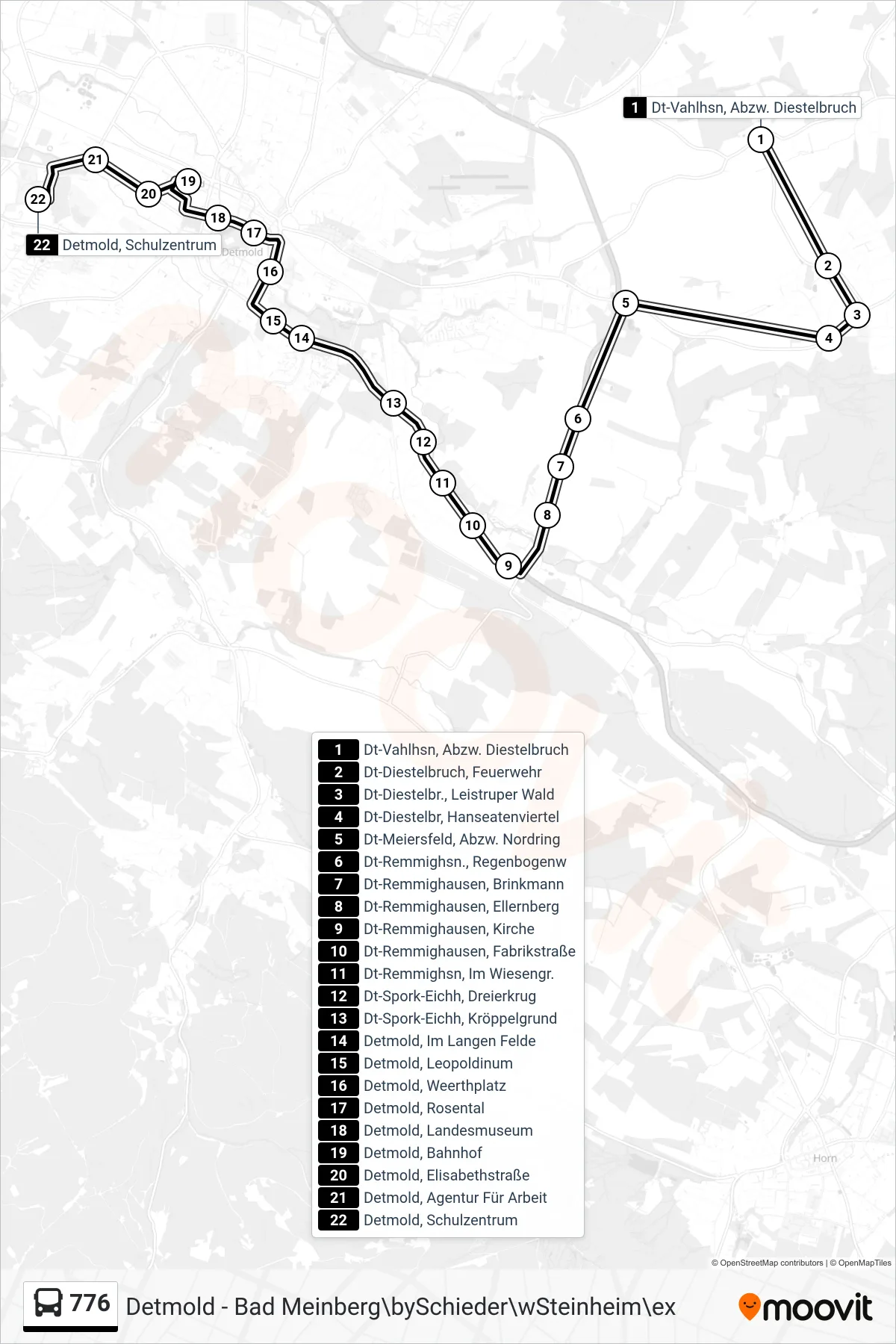 776 bus Line (Detmold, Schulzentrum) route and stops on a map