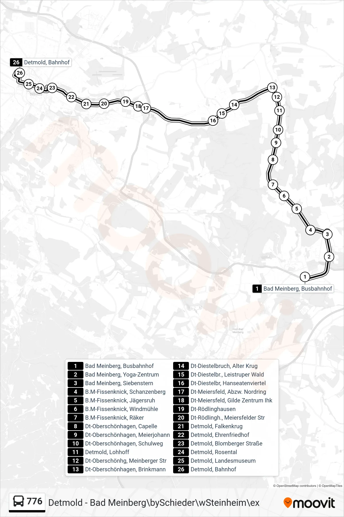 776 bus Line (Detmold, Bahnhof Steig 8) route and stops on a map