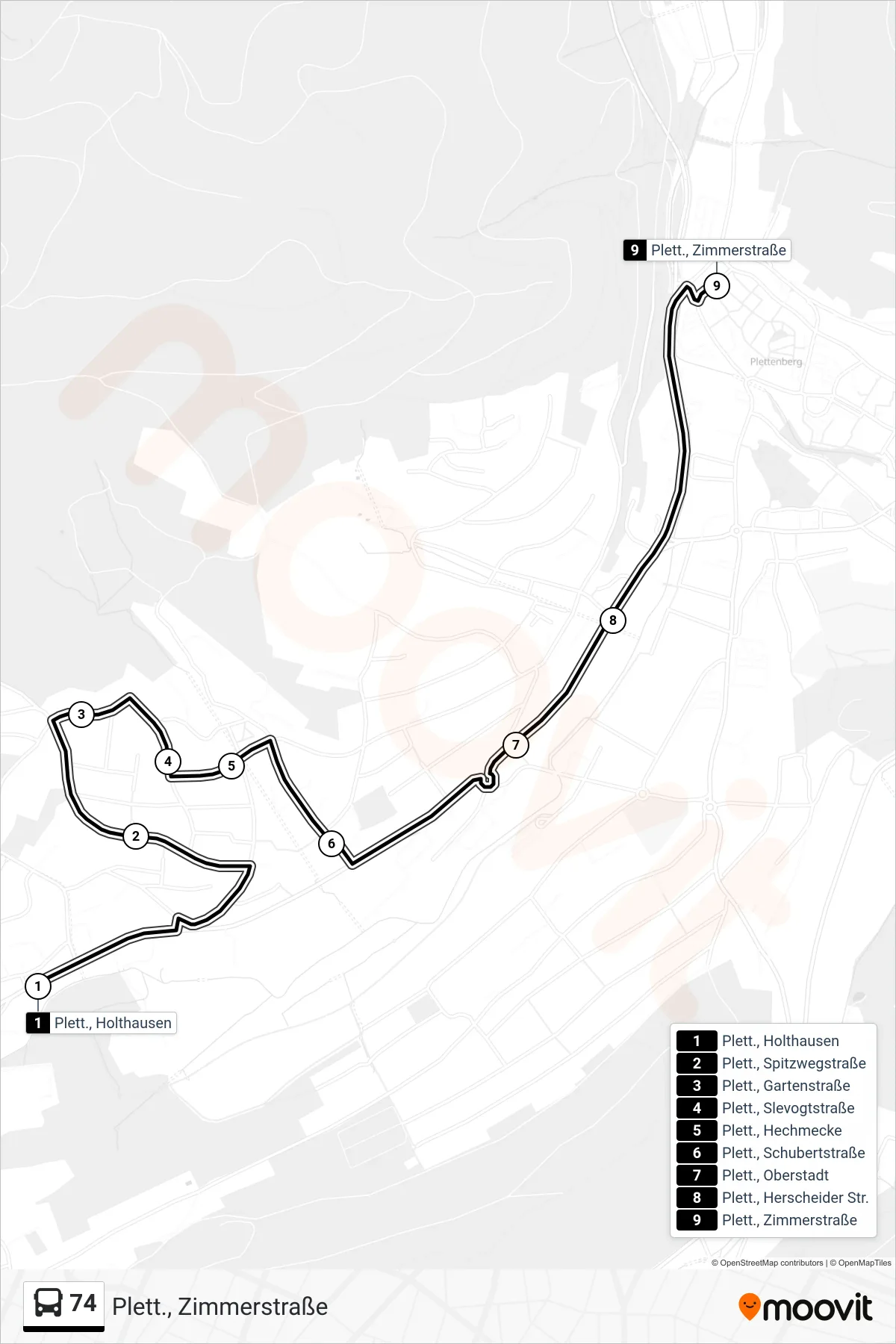 Linie 74 (Bus) Richtung Plett., Zimmerstraße: Route und Haltestellen auf der Karte