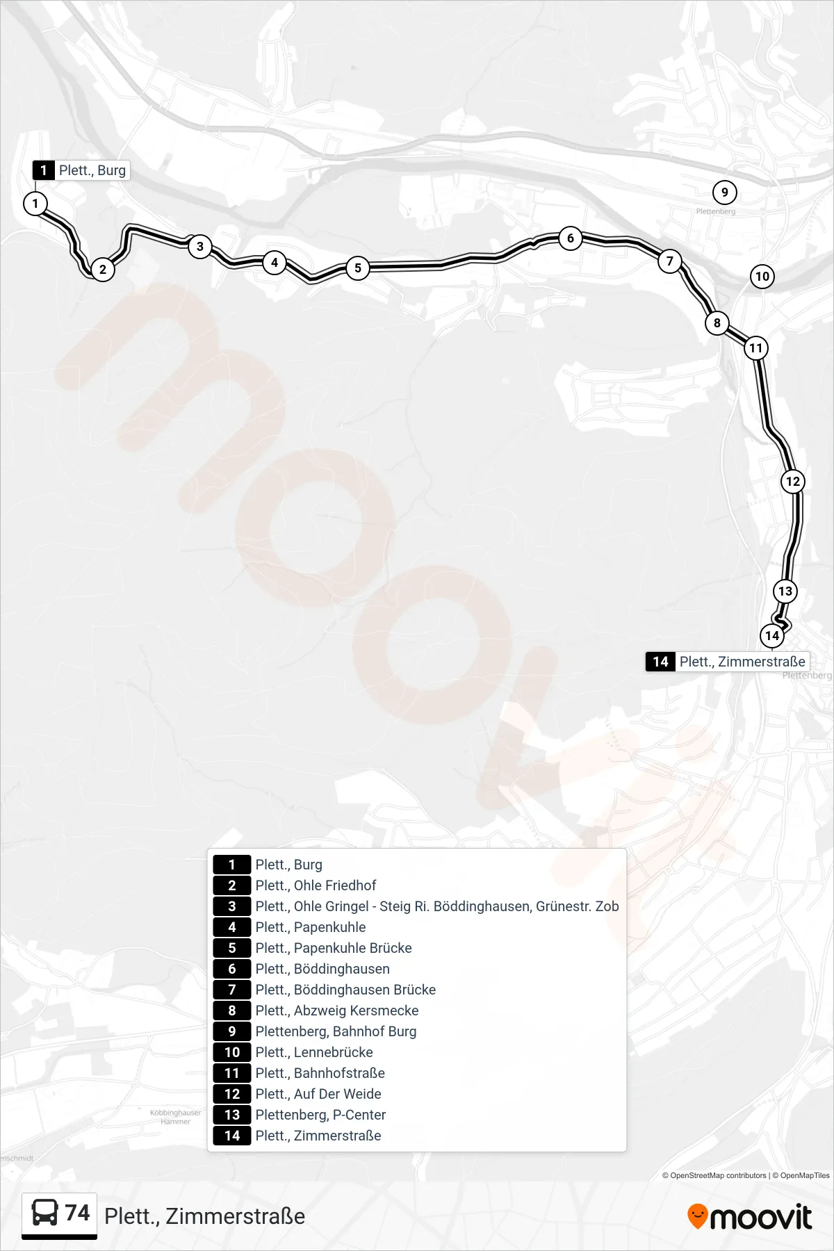 Linie 74 (Bus) Richtung Plett., Zimmerstraße: Route und Haltestellen auf der Karte