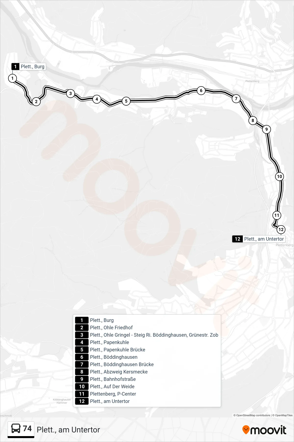 Linie 74 (Bus) Richtung Plett., am Untertor: Route und Haltestellen auf der Karte
