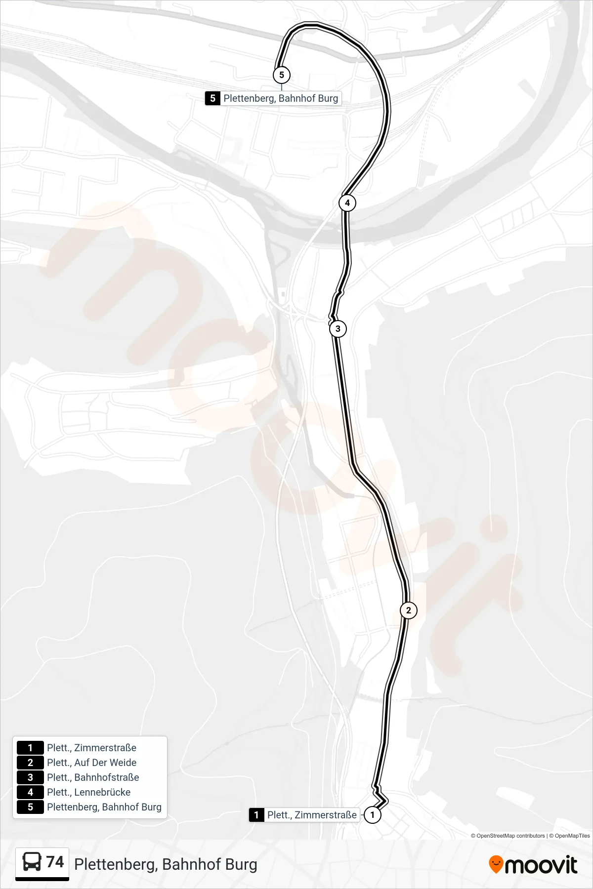 Linie 74 (Bus) Richtung Plettenberg, Bahnhof Burg: Route und Haltestellen auf der Karte