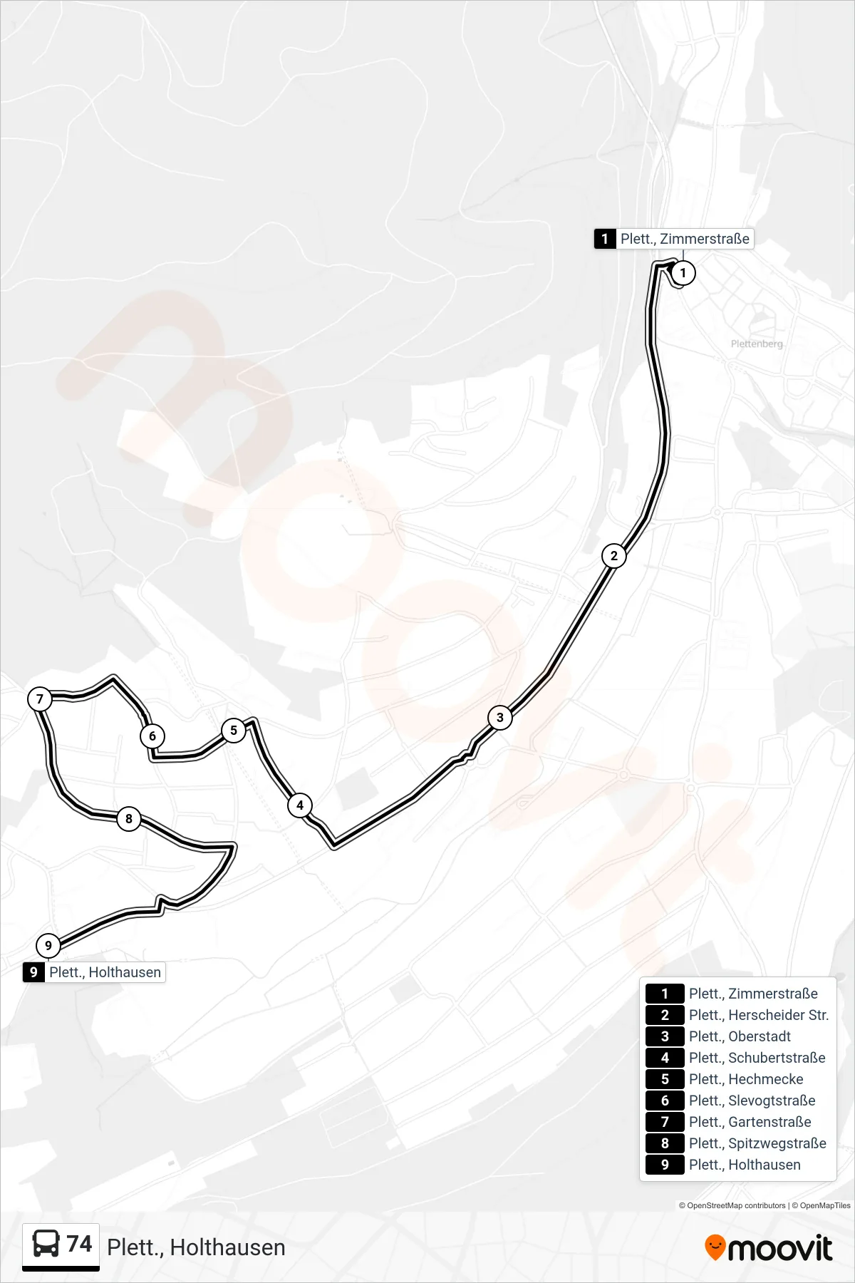 Linie 74 (Bus) Richtung Plett., Holthausen: Route und Haltestellen auf der Karte