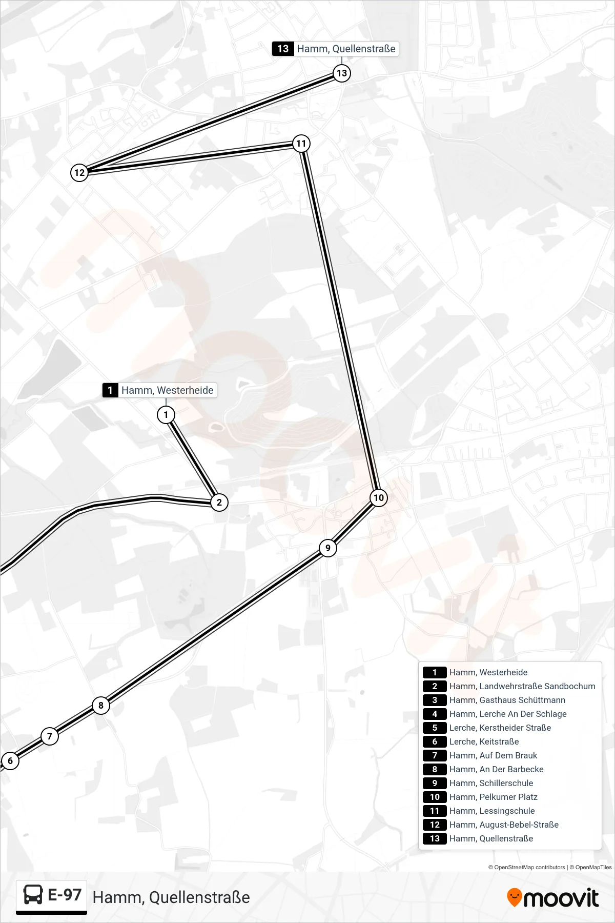Linie E-97 (Bus) Richtung Hamm, Quellenstraße: Route und Haltestellen auf der Karte