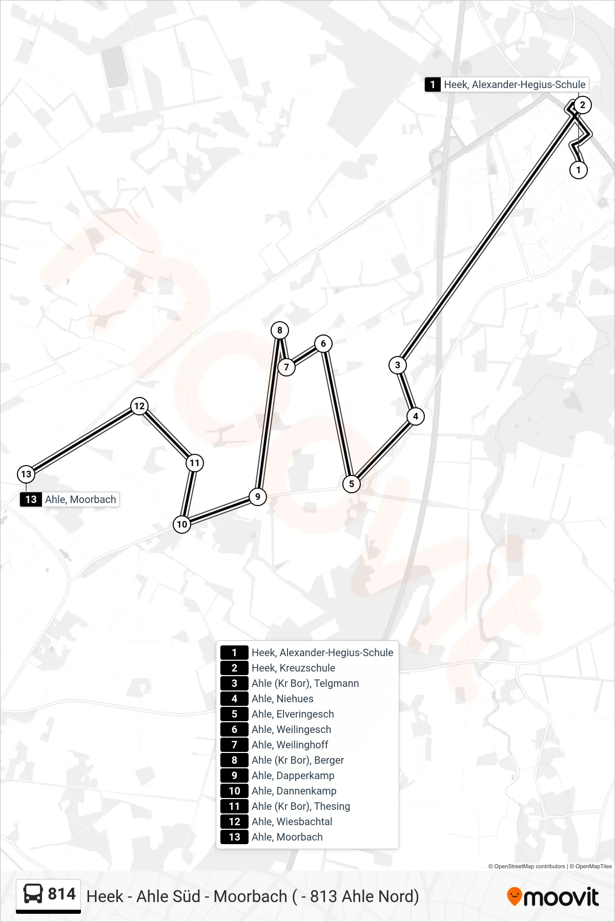 814 bus Line (Ahle, Moorbach) route and stops on a map