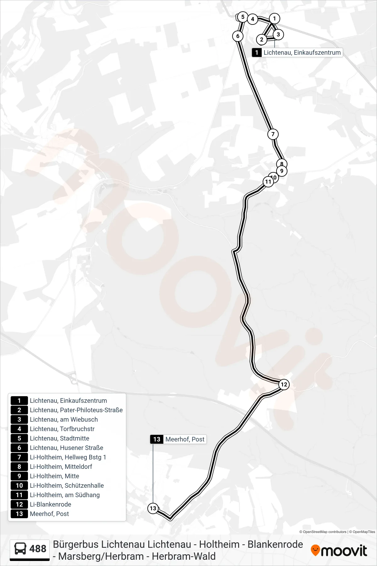 488 bus Line (Meerhof, Post) route and stops on a map