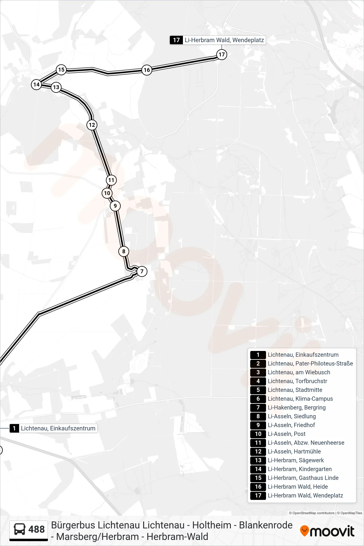 488 bus Line (Li-Herbram Wald, Wendeplatz) route and stops on a map