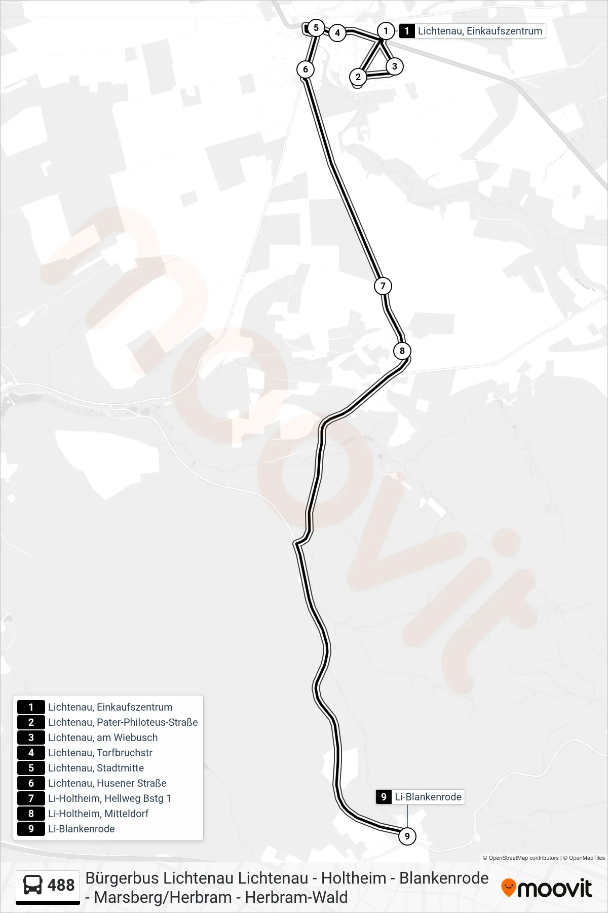 488 bus Line (Li-Blankenrode) route and stops on a map