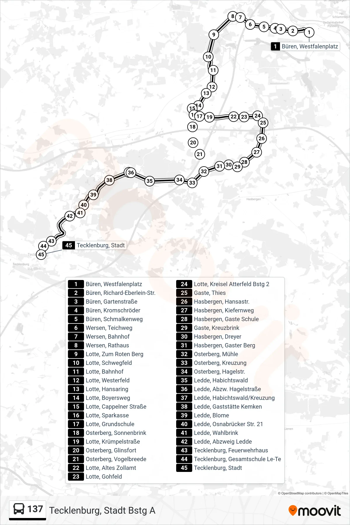 Linie 137 (Bus) Richtung Tecklenburg, Stadt Bstg A: Route und Haltestellen auf der Karte