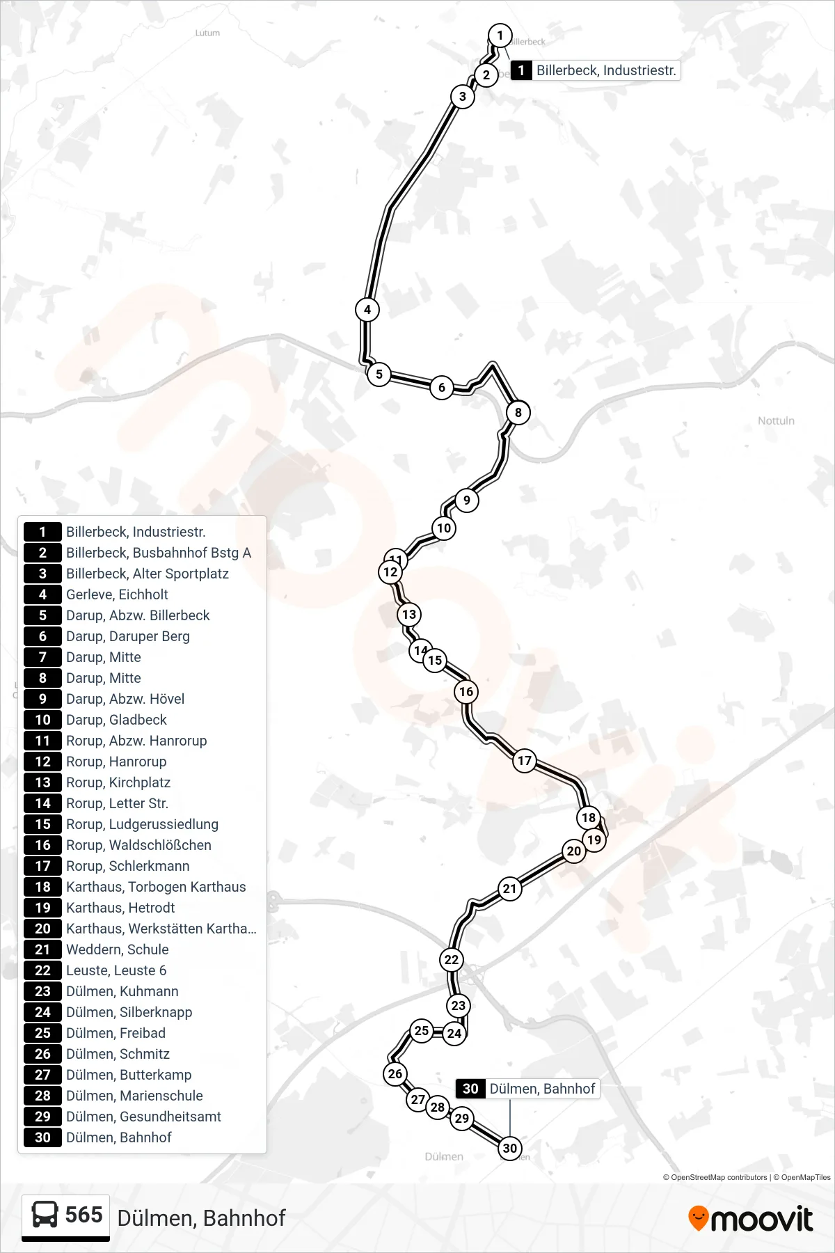 565 bus Line (Dülmen, Bahnhof) route and stops on a map