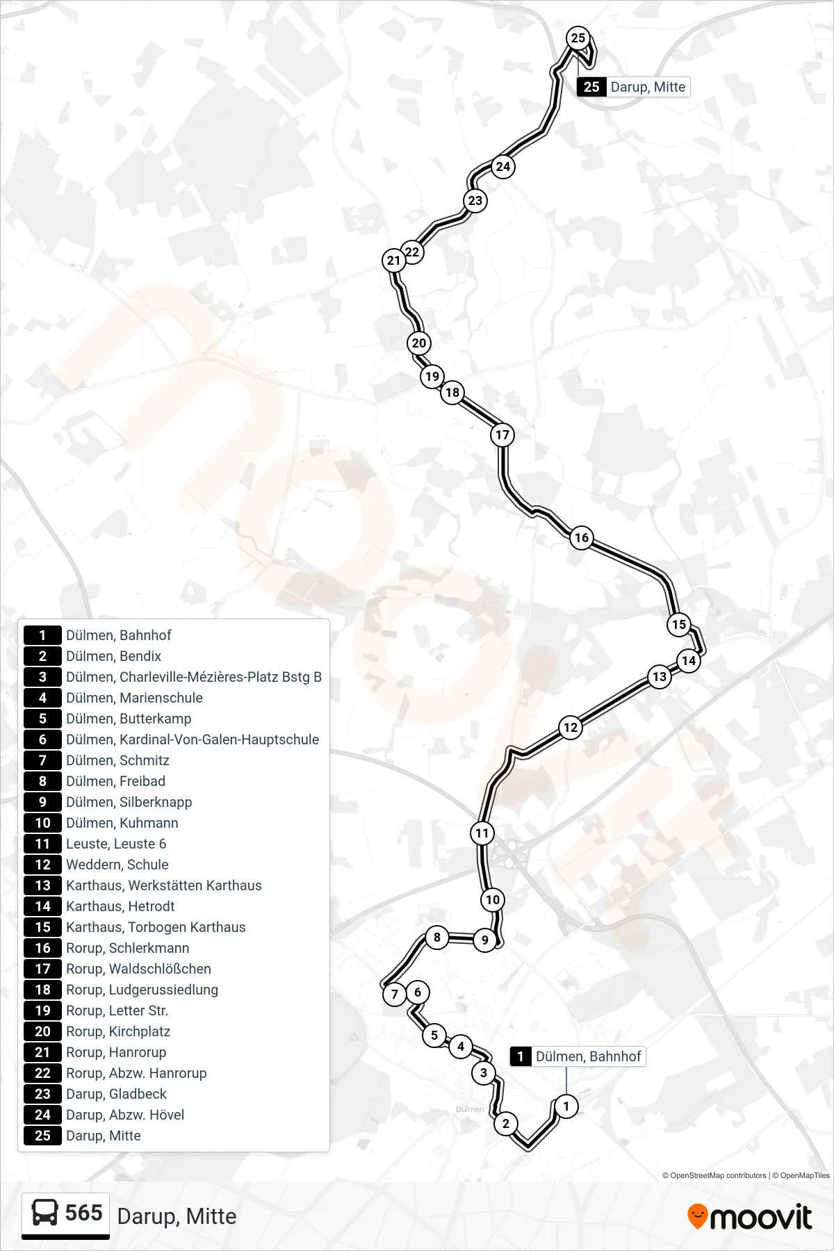 Linie 565 (Bus) Richtung Darup, Mitte: Route und Haltestellen auf der Karte
