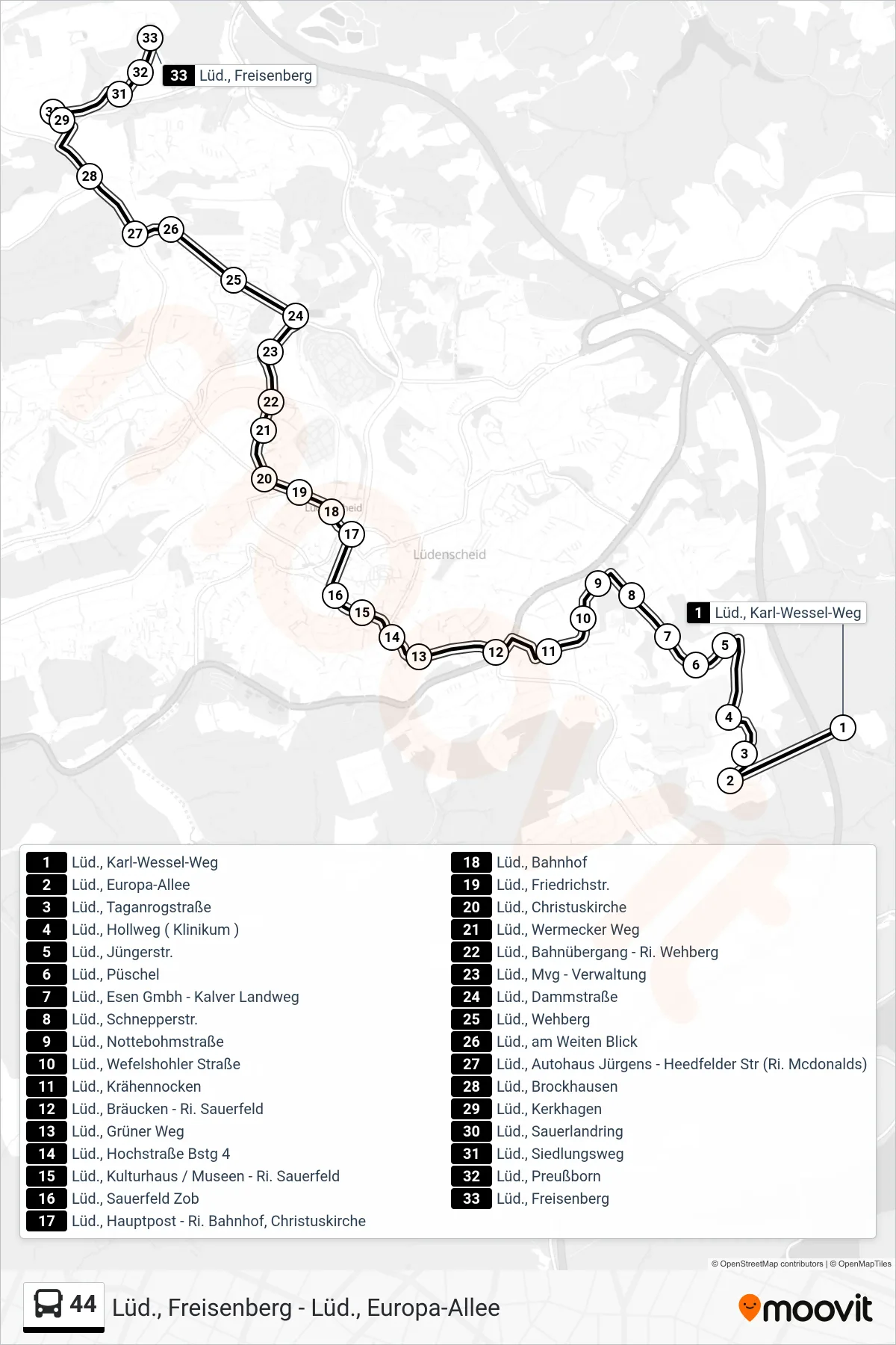 Linie 44 (Bus) Richtung Lüd., Freisenberg: Route und Haltestellen auf der Karte