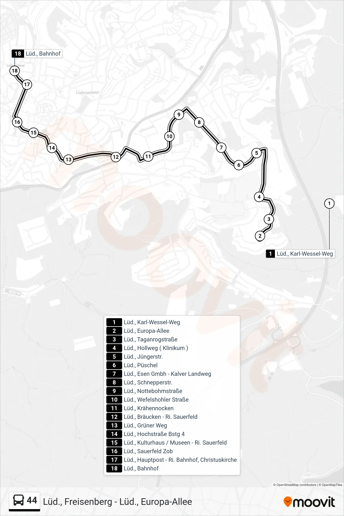 44 bus Line (Lüd., Bahnhof Steig 4a) route and stops on a map