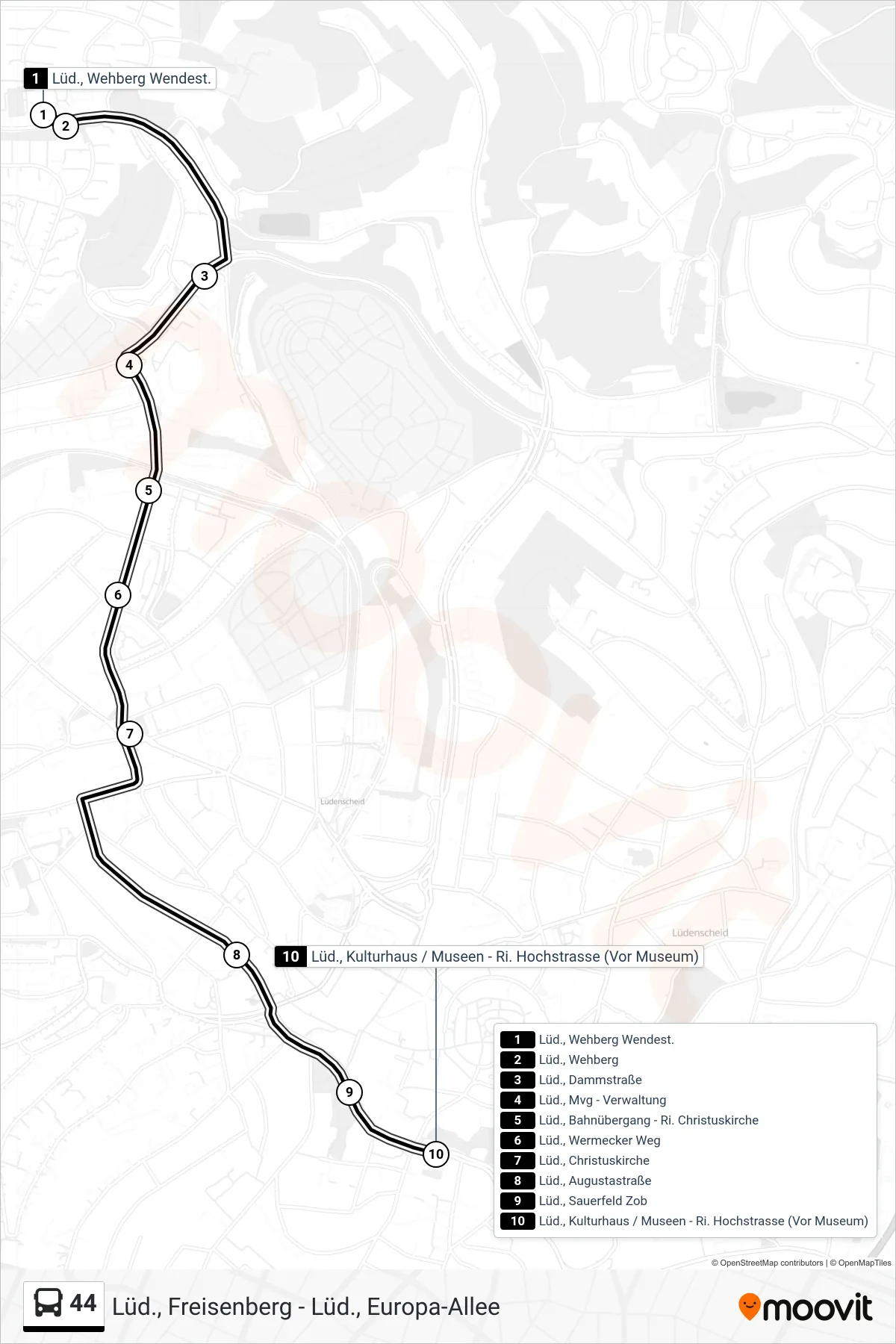 44 bus Line (Lüd., Kulturhaus / Museen - Ri. Hochstrasse (Vor Museum)) route and stops on a map