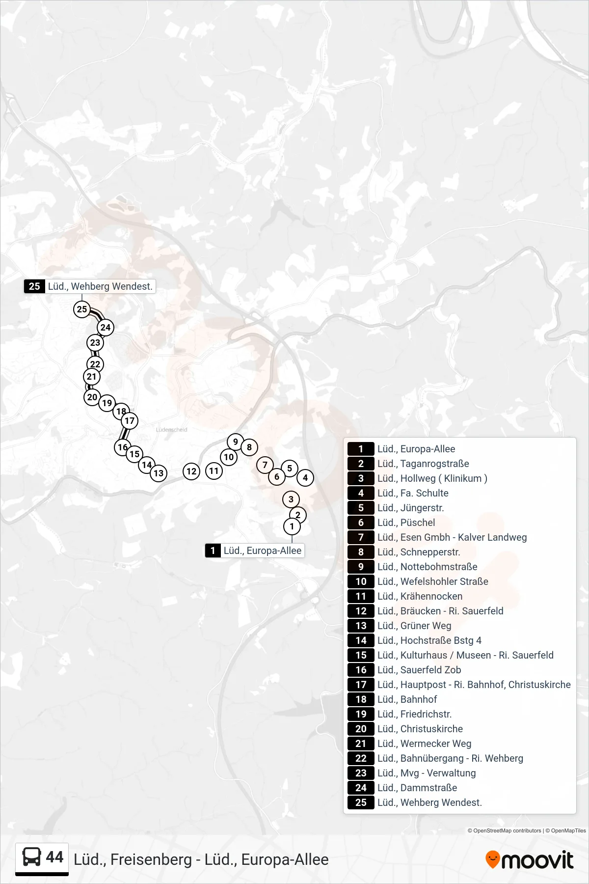 Linie 44 (Bus) Richtung Lüd., Wehberg Wendest.: Route und Haltestellen auf der Karte