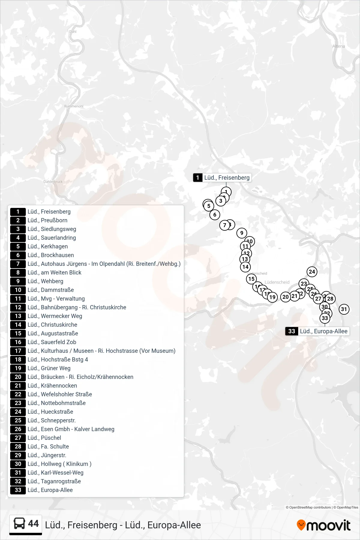 44 bus Line (Lüd., Europa-Allee) route and stops on a map