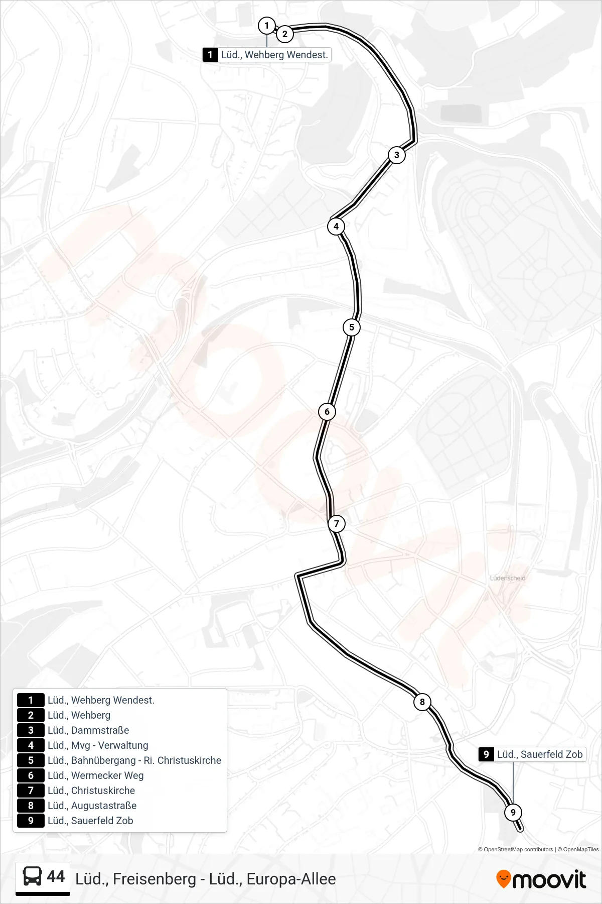 44 bus Line (Lüd., Sauerfeld Zob - Steig 2a) route and stops on a map