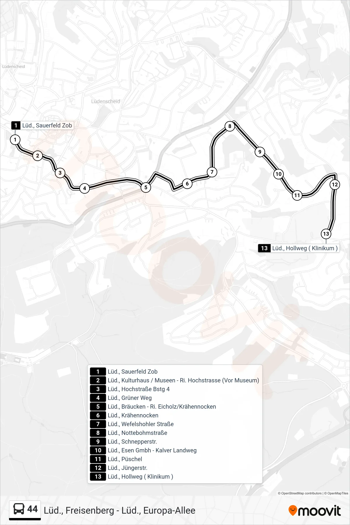 Linie 44 (Bus) Richtung Lüd., Hollweg ( Klinikum ): Route und Haltestellen auf der Karte