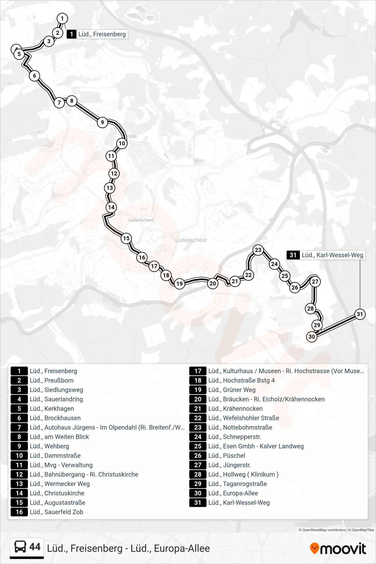Linie 44 (Bus) Richtung Lüd., Karl-Wessel-Weg: Route und Haltestellen auf der Karte
