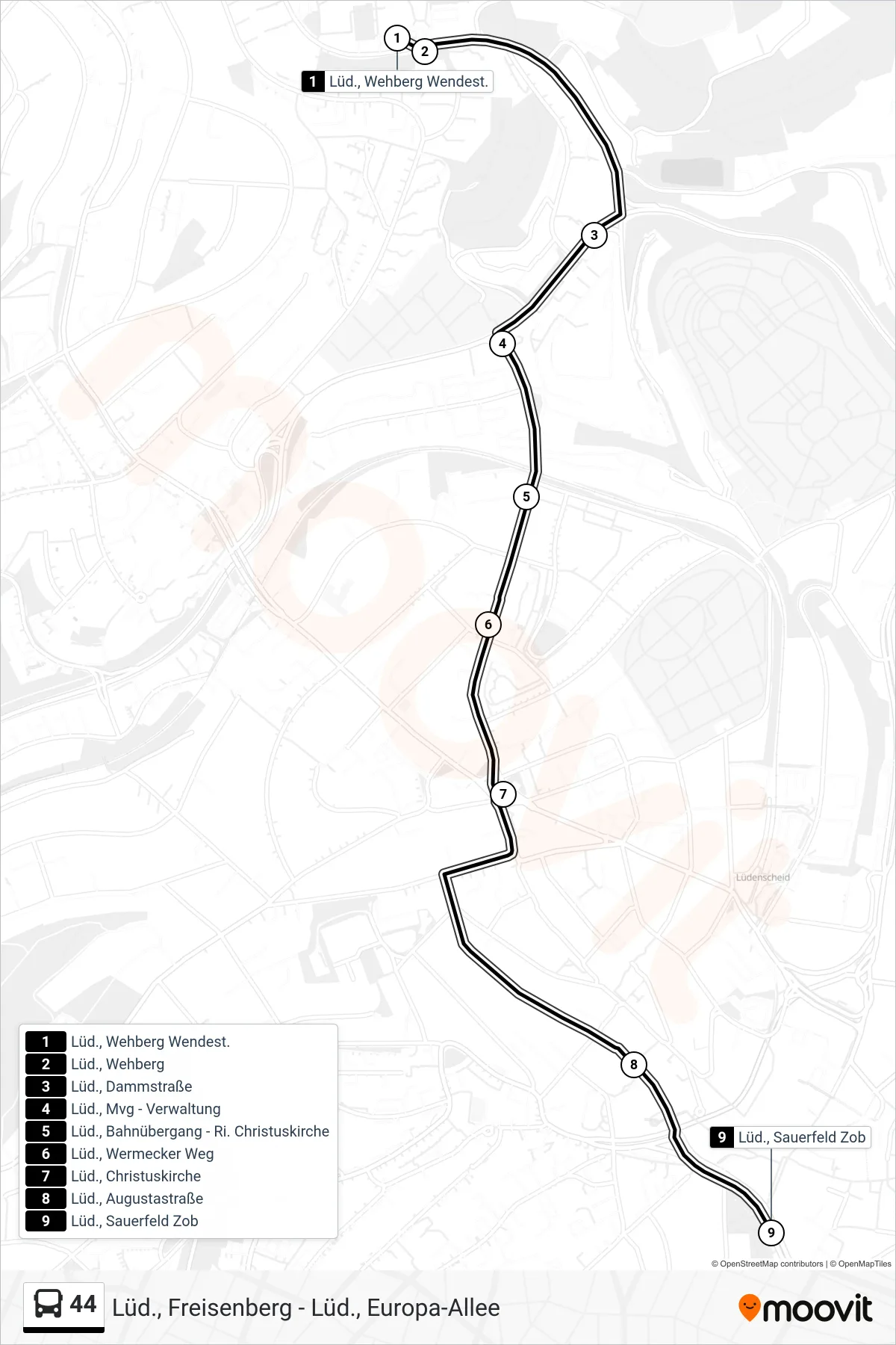 44 bus Line (Lüd., Sauerfeld Zob - Steig 2e) route and stops on a map