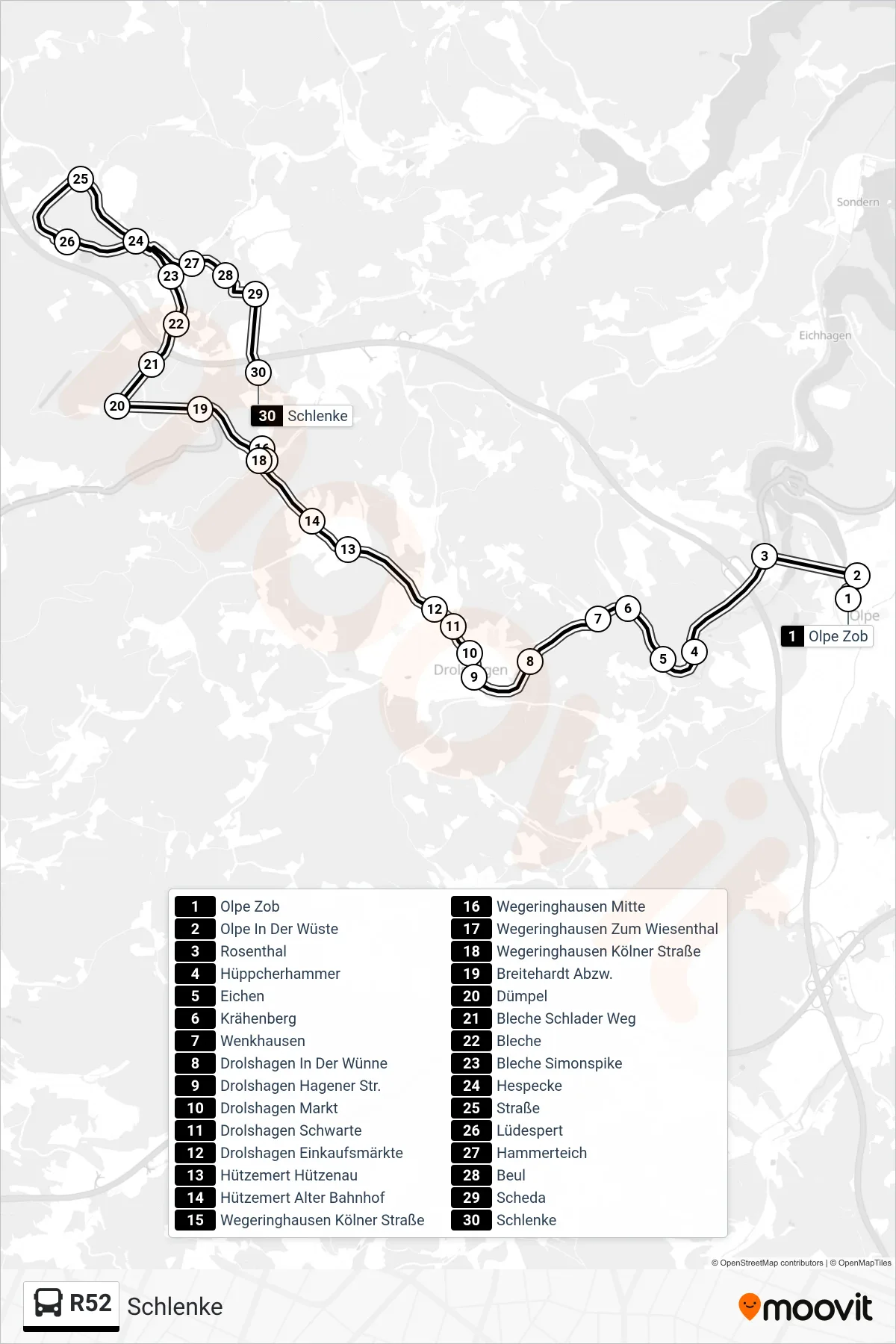 R52 bus Line (Schlenke) route and stops on a map