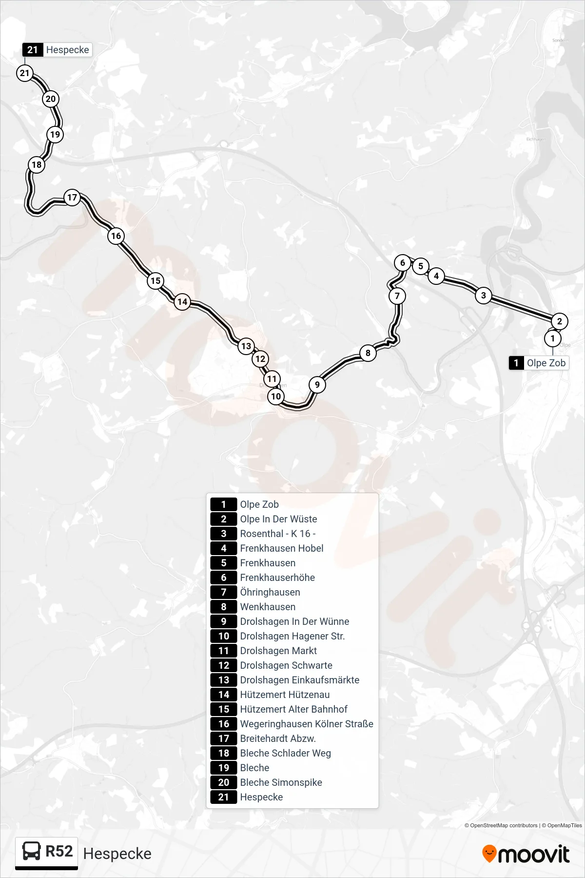 R52 bus Line (Hespecke) route and stops on a map