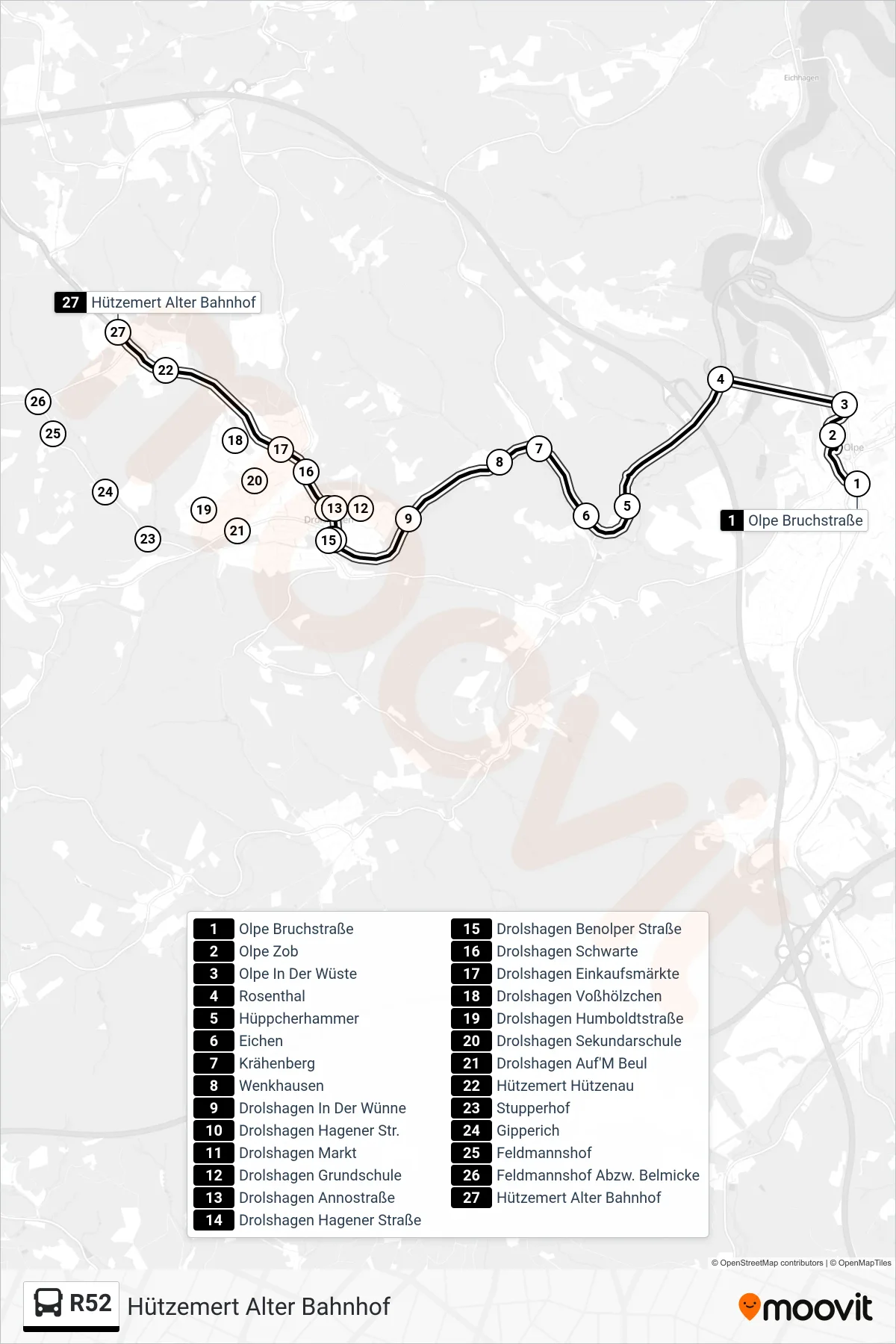 R52 bus Line (Hützemert Alter Bahnhof) route and stops on a map