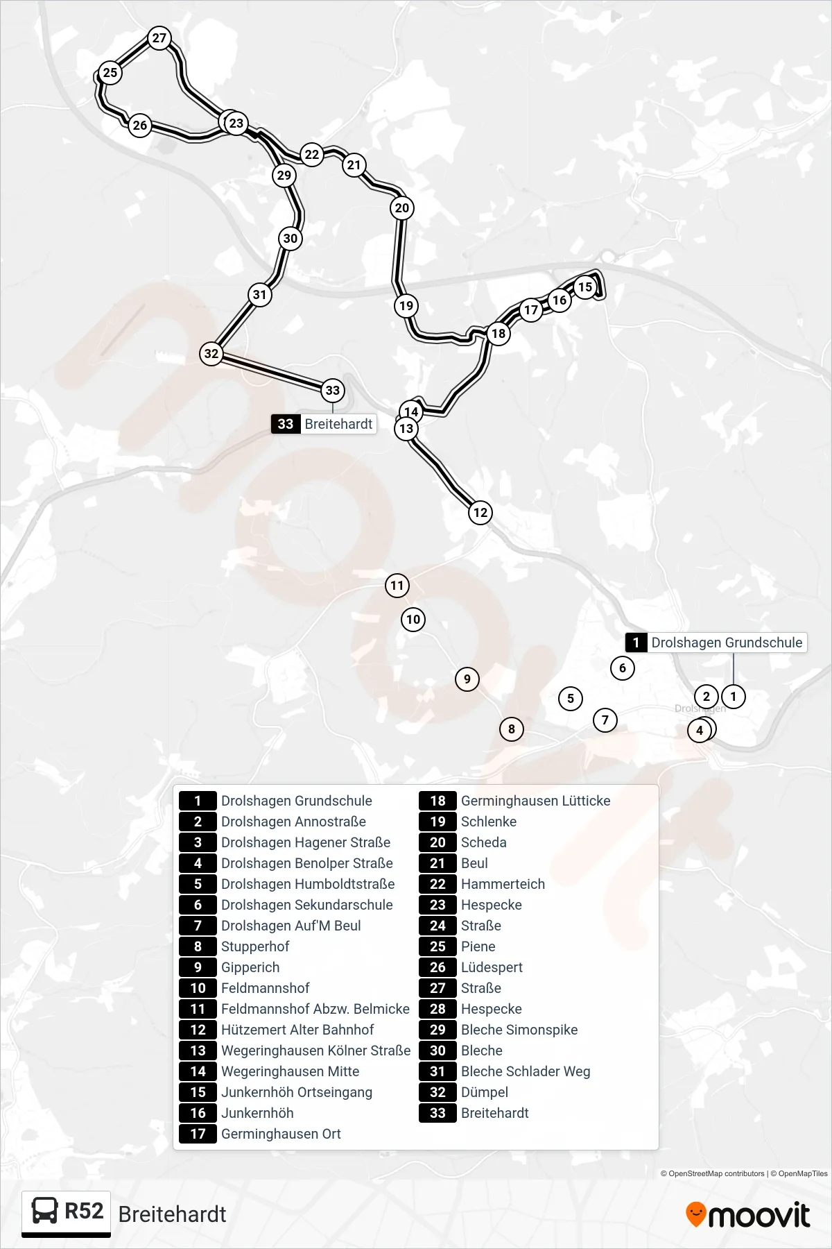R52 bus Line (Breitehardt) route and stops on a map