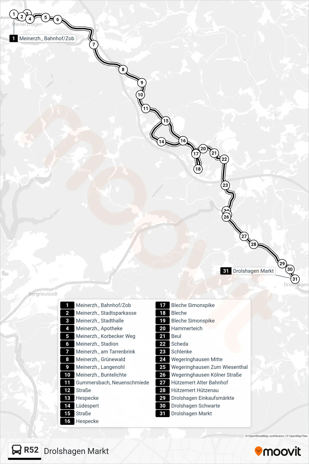 R52 bus Line (Drolshagen Markt) route and stops on a map