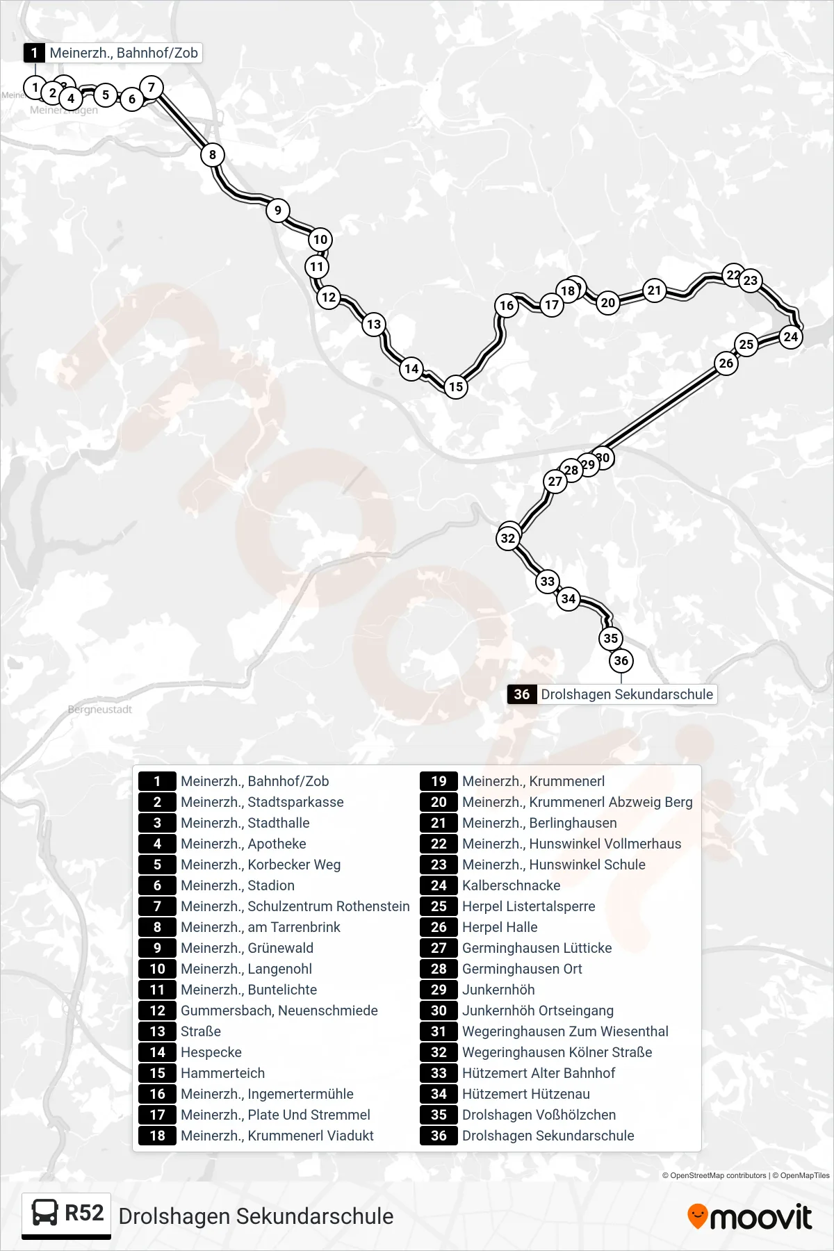 R52 bus Line (Drolshagen Sekundarschule) route and stops on a map