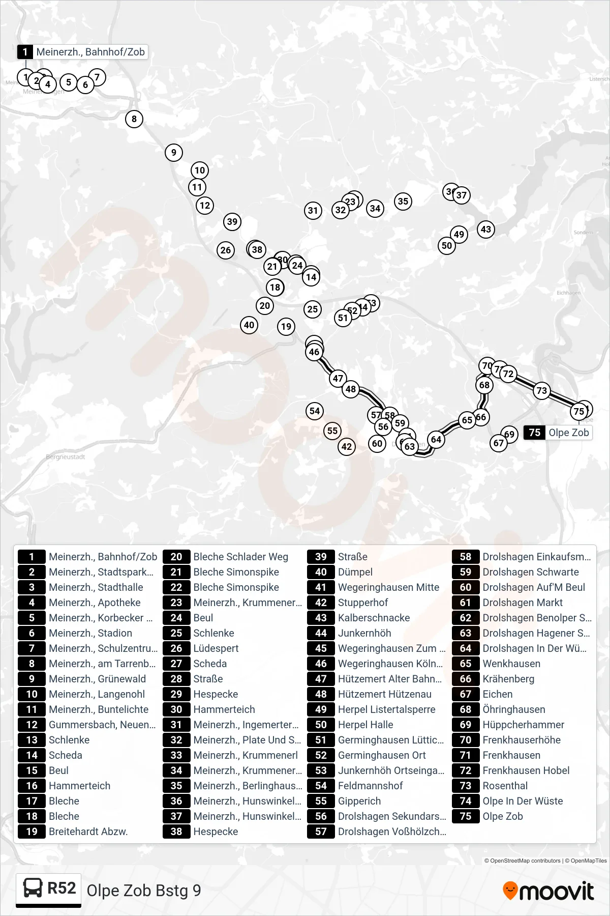 R52 bus Line (Olpe Zob Bstg 9) route and stops on a map