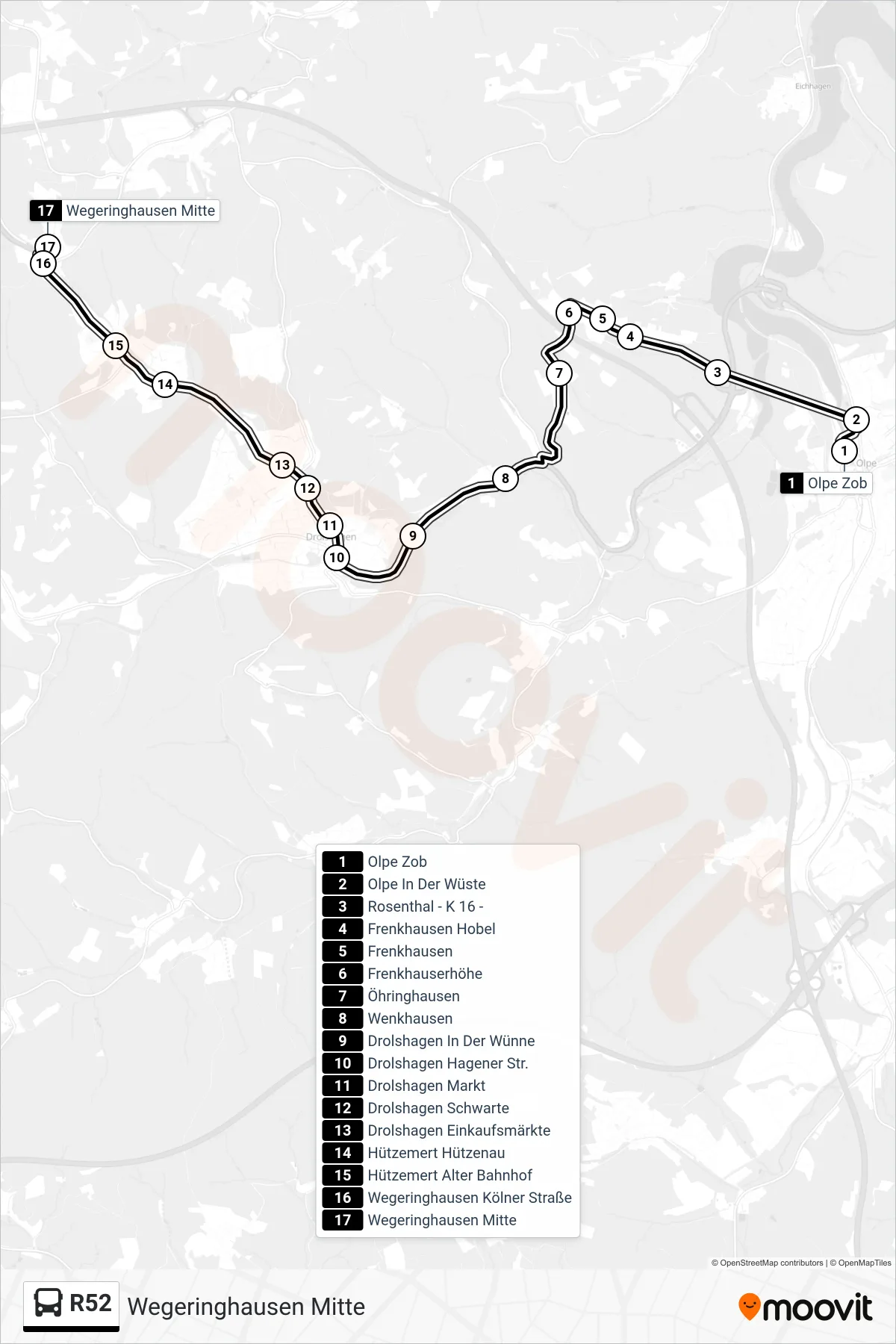 R52 bus Line (Wegeringhausen Mitte) route and stops on a map