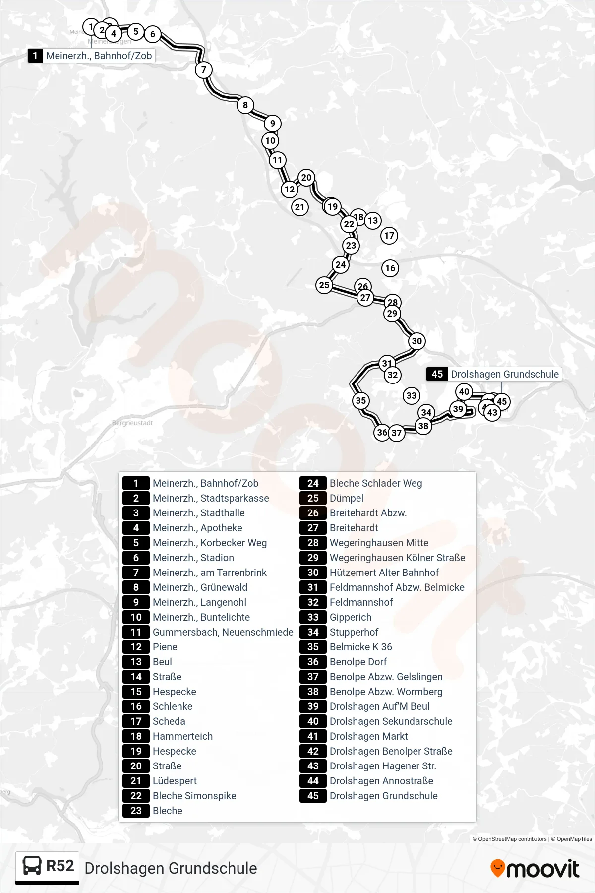 R52 bus Line (Drolshagen Grundschule) route and stops on a map