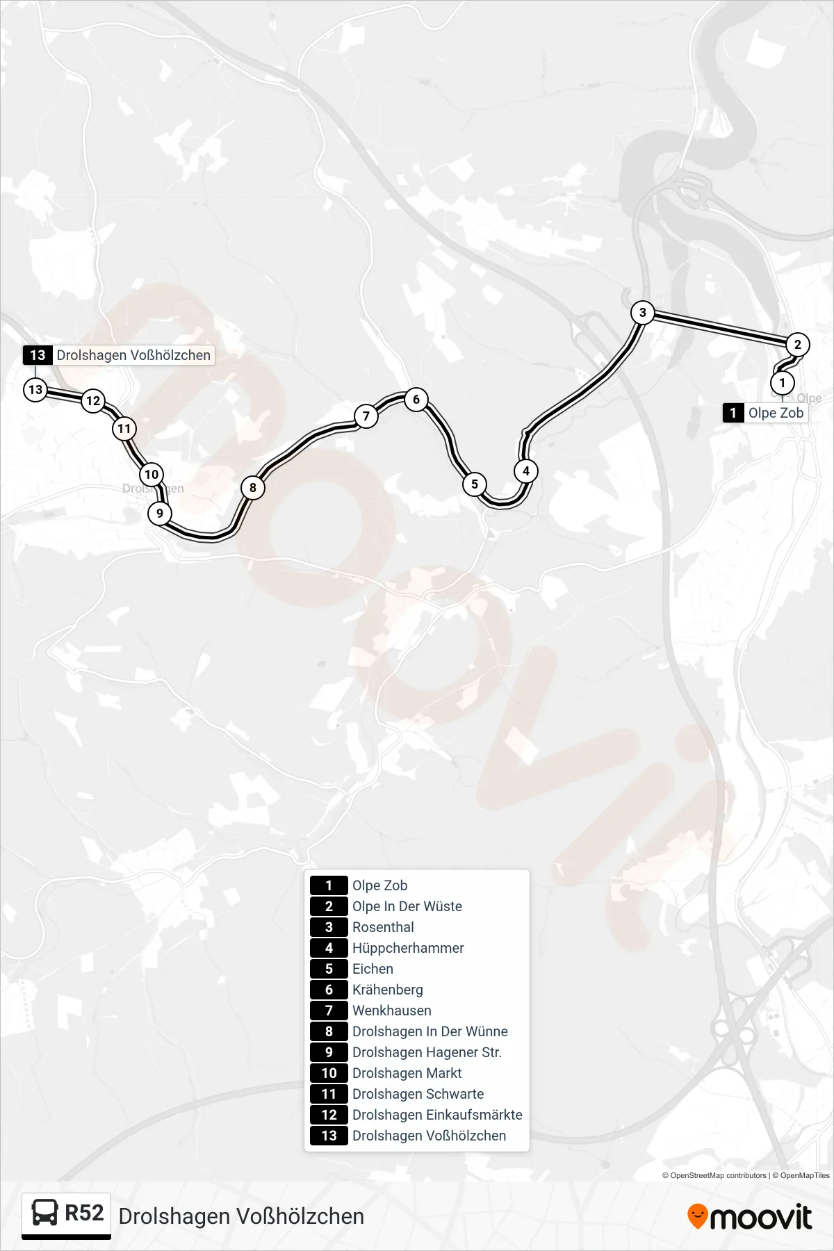 R52 bus Line (Drolshagen Voßhölzchen) route and stops on a map