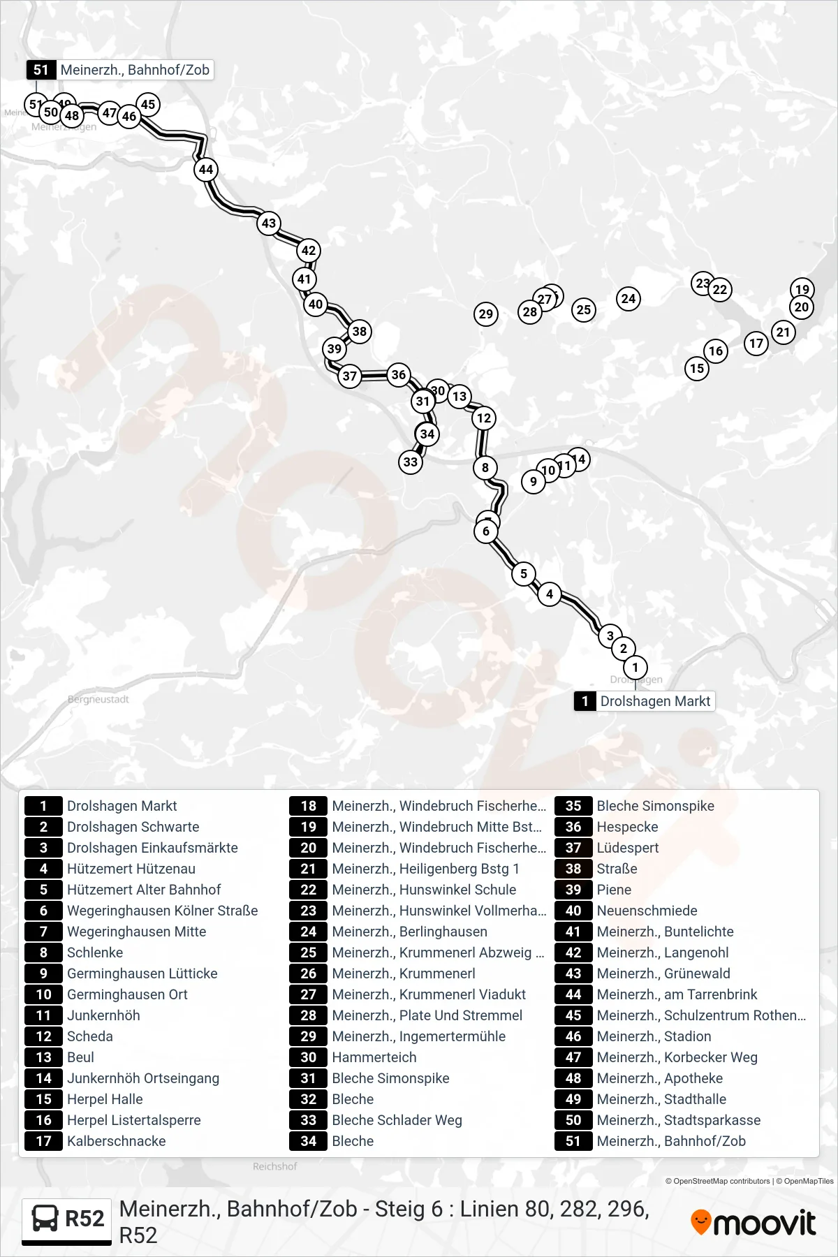 Linie R52 (Bus) Richtung Meinerzh., Bahnhof/Zob - Steig 6 : Linien 80, 282, 296, R52: Route und Haltestellen auf der Karte