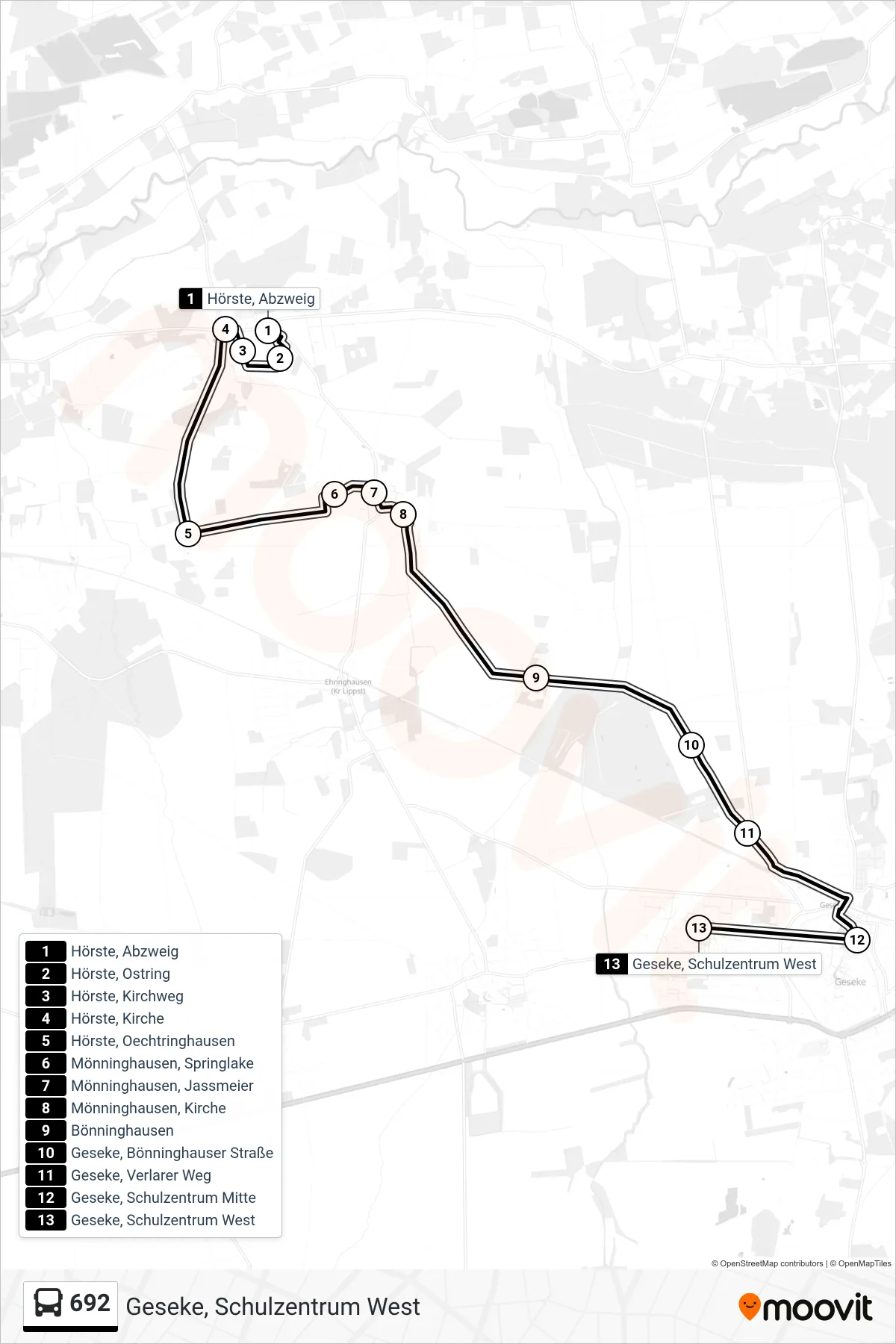692 bus Line (Geseke, Schulzentrum West) route and stops on a map