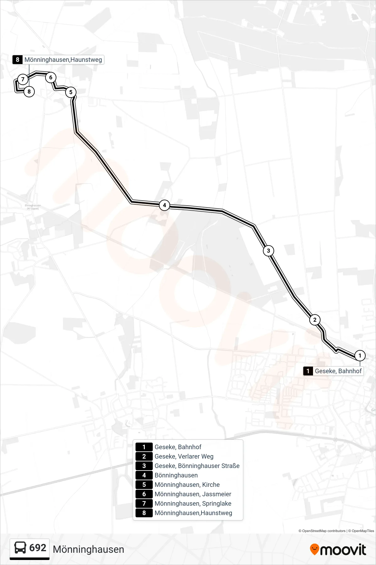 692 bus Line (Mönninghausen) route and stops on a map